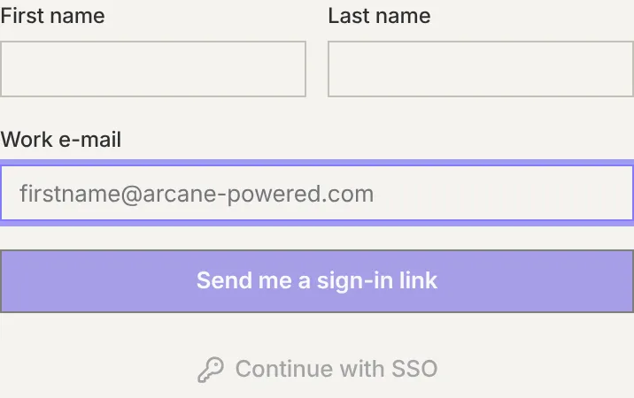 The Create an account form: first name, last name, work e-mail and the Send me a sign-in link button.