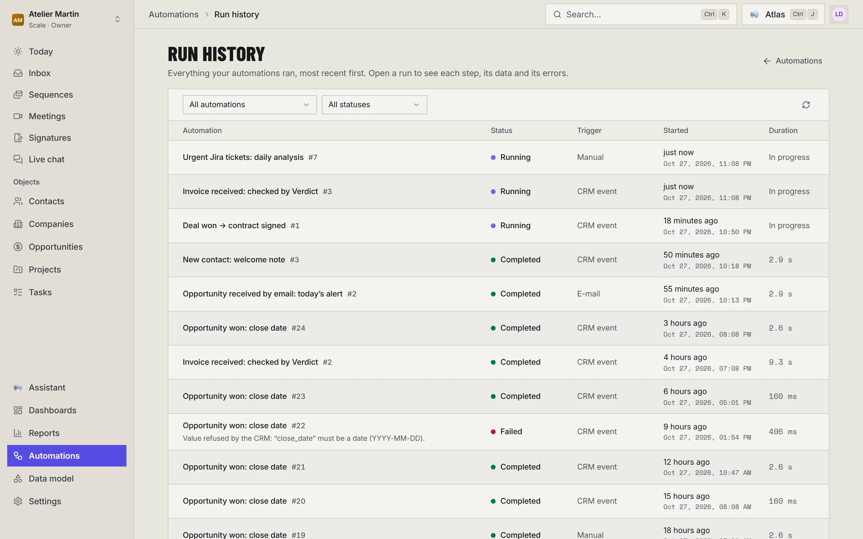 The run history: filters by automation and by status, then the runs with their status, trigger, start and duration, including a failed one with its error message.