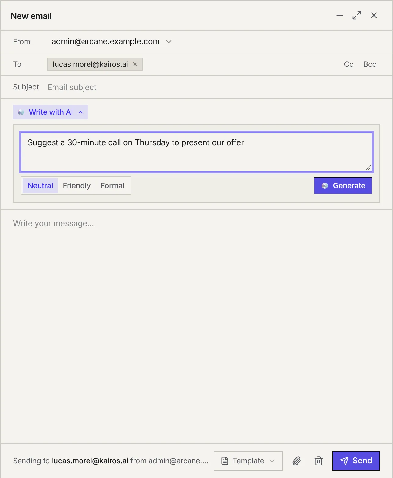 The writing window with Write with AI open: the instruction, the Neutral, Friendly or Formal tone choice, and the Generate button.