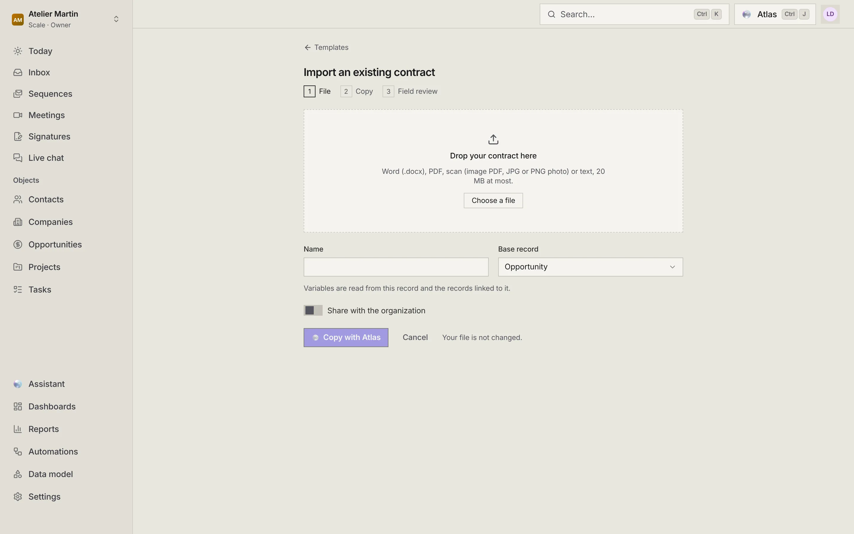The Import an existing contract page: the File, Copy and Field review steps, the drop zone, the name, the base record, sharing with the organization and the Copy with Atlas button.