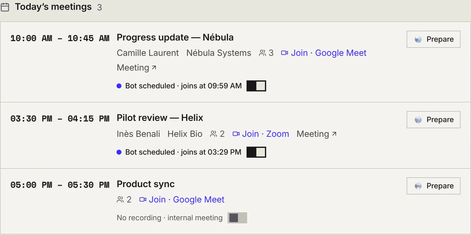 Today's meetings: two meetings with Bot scheduled and the switch on, an internal meeting with no recording and the switch off.