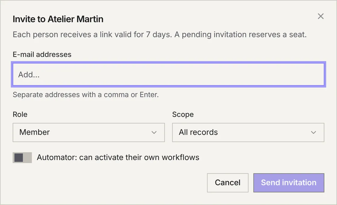 The Invite window: e-mail addresses, role, scope, the Automator option and the Send invitation button.