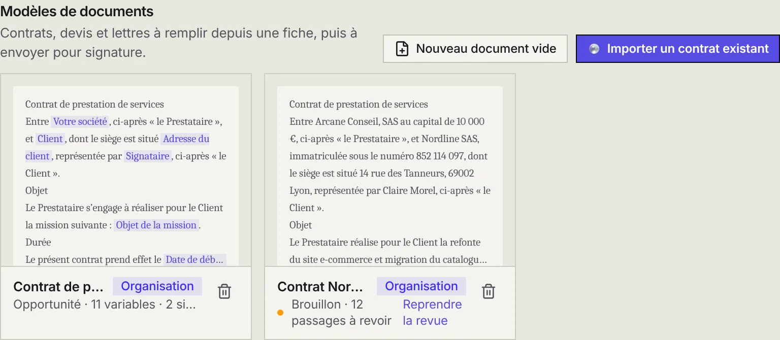 La section Modèles de documents : les boutons Nouveau document vide et Importer un contrat existant, un modèle prêt et un modèle importé avec 12 passages à revoir.