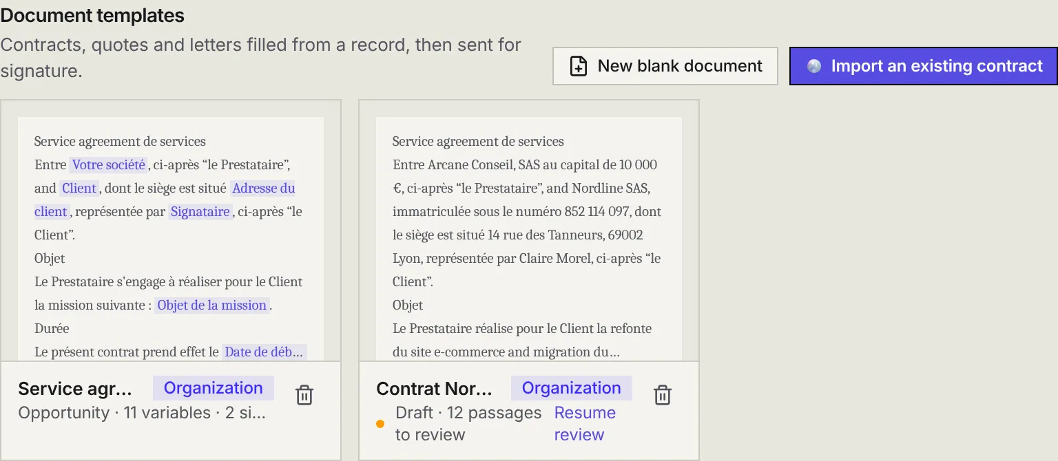 The Document templates section: the New blank document and Import an existing contract buttons, a ready template and an imported template with passages to review.