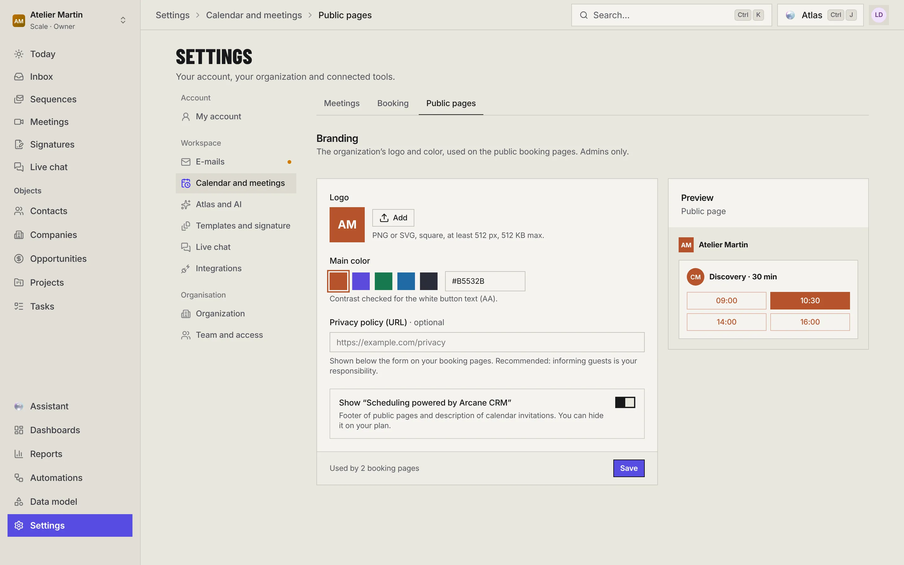 The Public pages page: the logo, the main color, the privacy policy URL, the Arcane CRM mention and the preview of the public page.