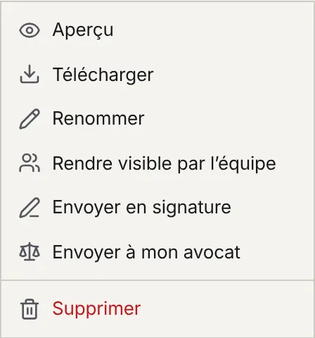 Le menu d'un fichier : Aperçu, Télécharger, Renommer, Rendre visible par l'équipe, Envoyer en signature, Envoyer à mon avocat et Supprimer.