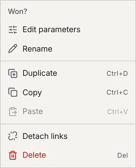 A block's menu: Edit parameters, Rename, Duplicate, Copy, Paste, Detach links and Delete.