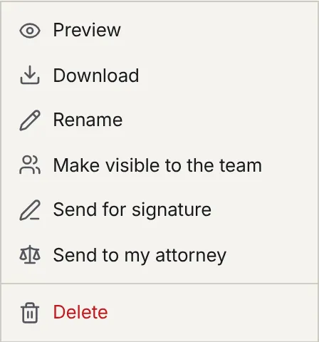 A file's menu: Preview, Download, Rename, Make visible to the team, Send for signature, Send to my attorney and Delete.