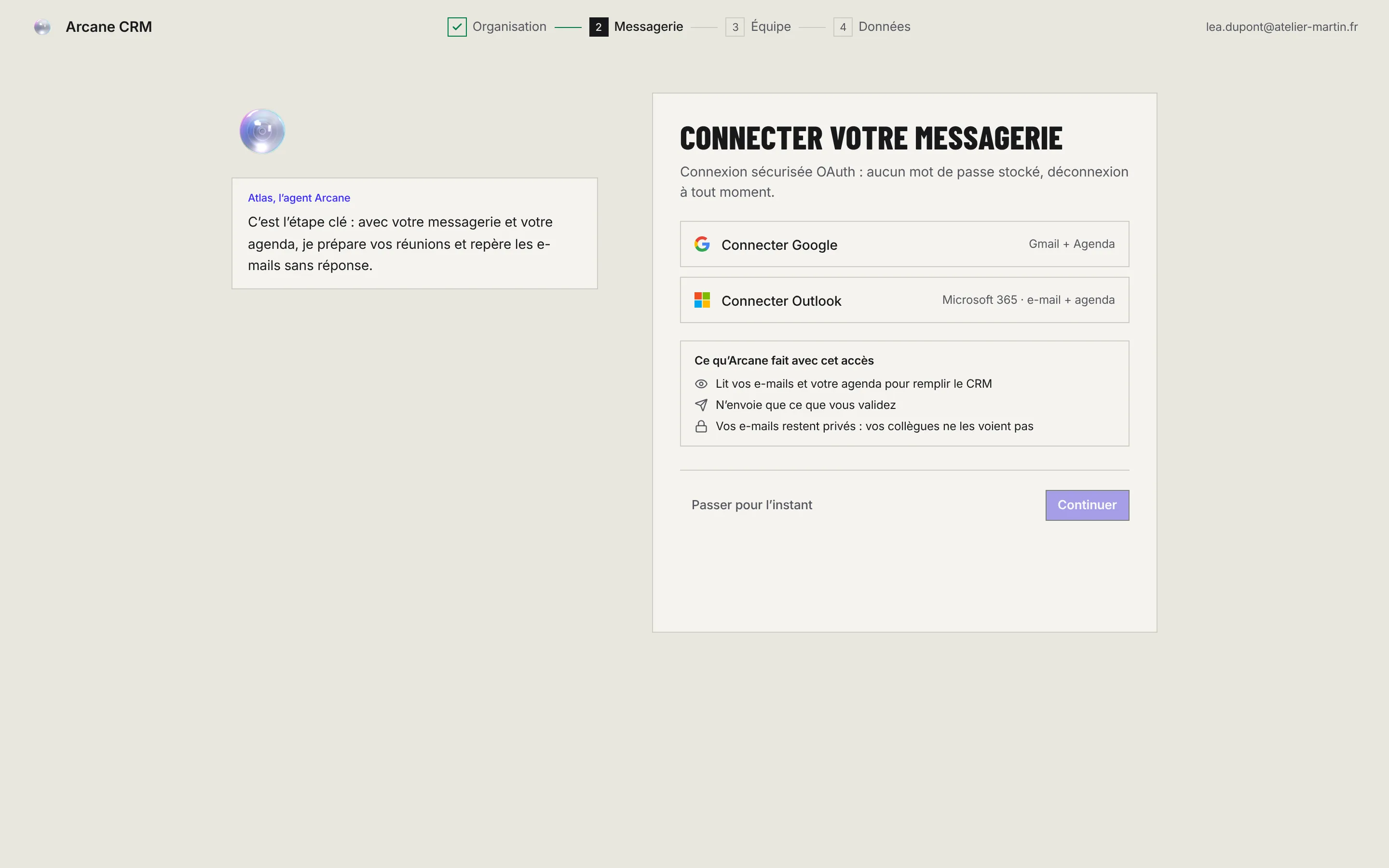 L'étape Connecter votre messagerie avec les boutons Connecter Google et Connecter Outlook, et le cadre Ce qu'Arcane fait avec cet accès.
