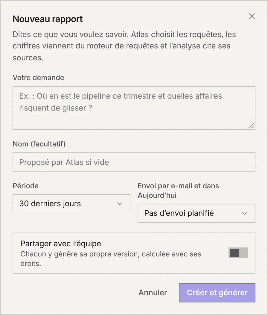 La fenêtre Nouveau rapport : votre demande, un nom facultatif, la période, l'envoi par e-mail et dans Aujourd'hui, et le partage avec l'équipe.