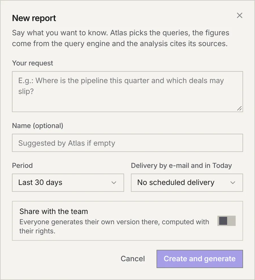 The New report window: your request, an optional name, the period, delivery by e-mail and in Today, and sharing with the team.