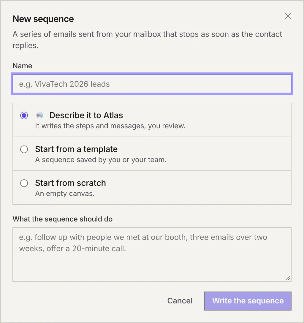 The New sequence window: the name, then three starting points, Describe it to Atlas, Start from a template and Start from scratch, and the What the sequence should do field.