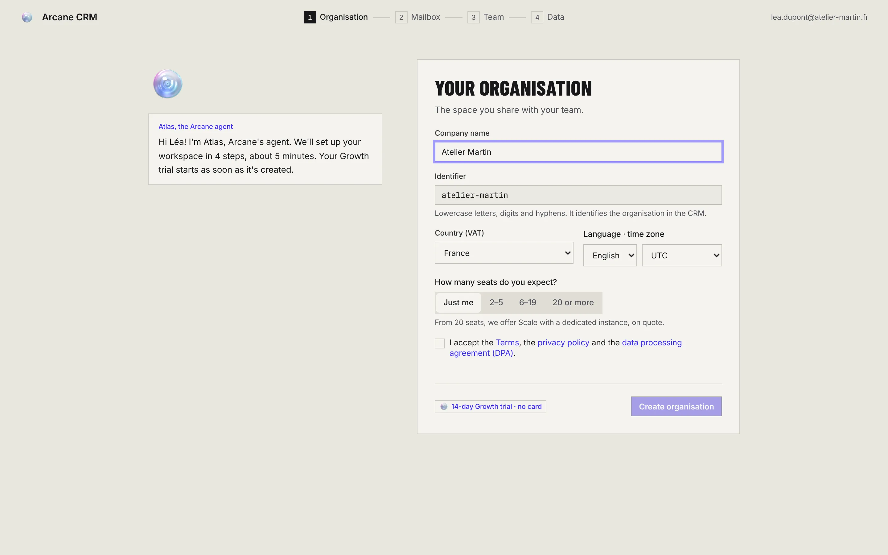 The Your organisation form: company name, identifier, country, language, time zone, number of seats and terms acceptance.