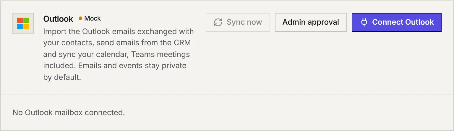 The Outlook section with the Sync now, Admin approval and Connect Outlook buttons.