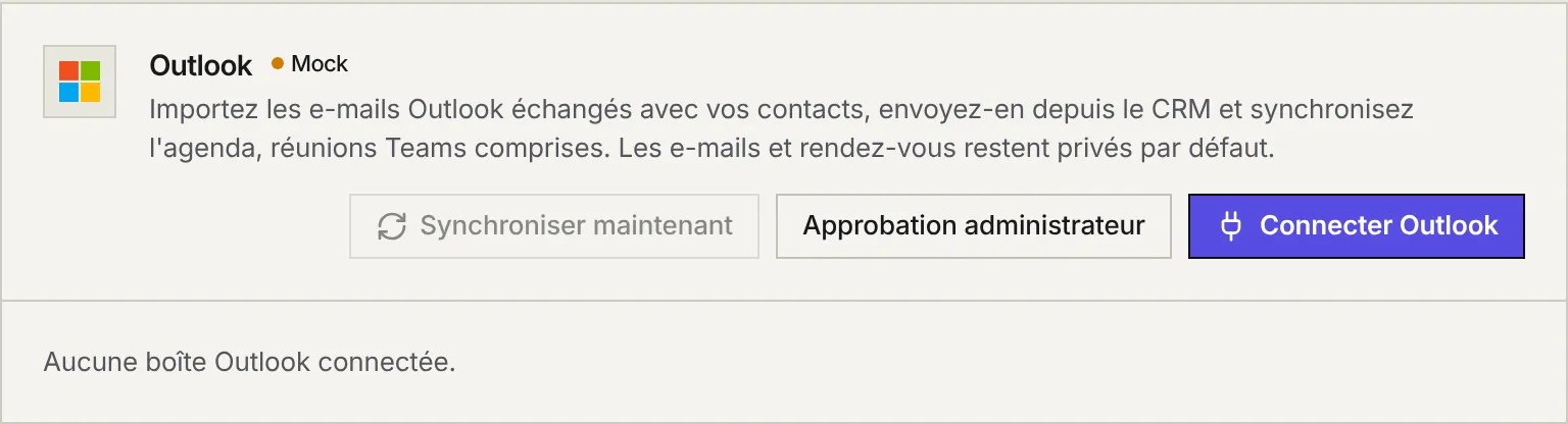 La section Outlook avec les boutons Synchroniser maintenant, Approbation administrateur et Connecter Outlook.