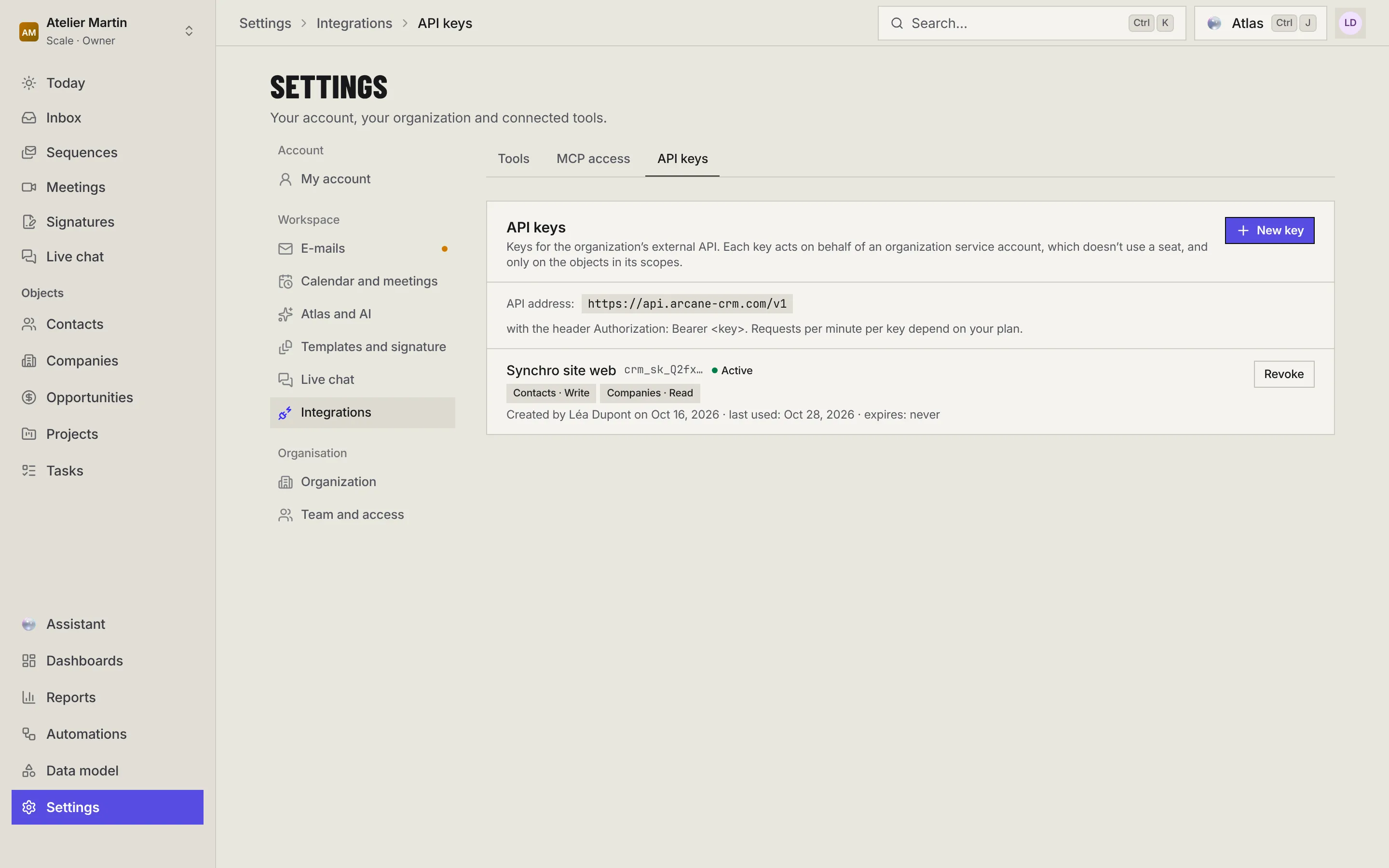 The API keys page: the New key button, the API address, and a website sync key, active, with its allowed objects, creation date, last use and the Revoke button.