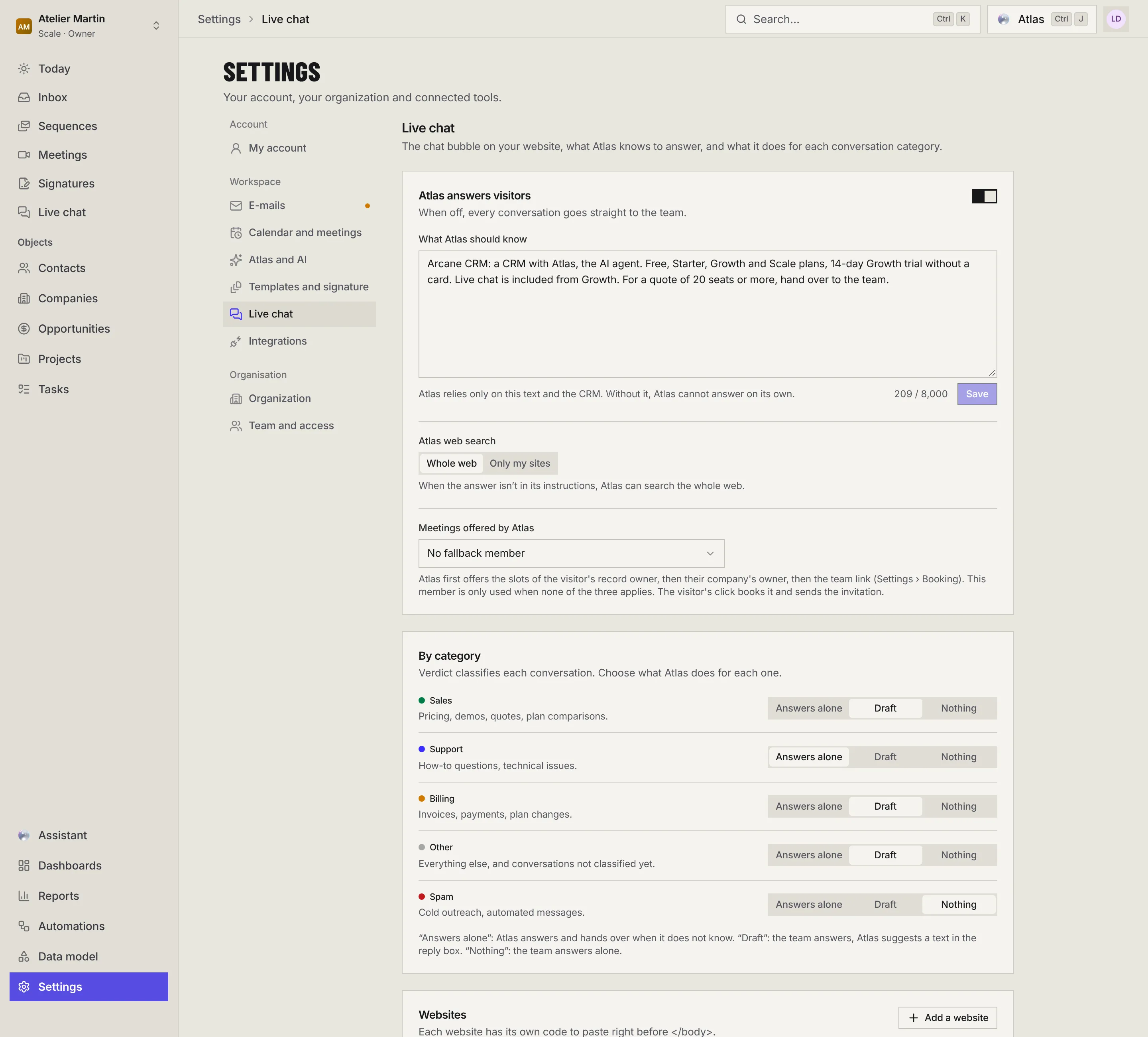 The live chat settings: the Atlas answers visitors switch, the What Atlas should know text, web search, the member for meetings, then the Answers alone, Draft or Nothing choice for each category.