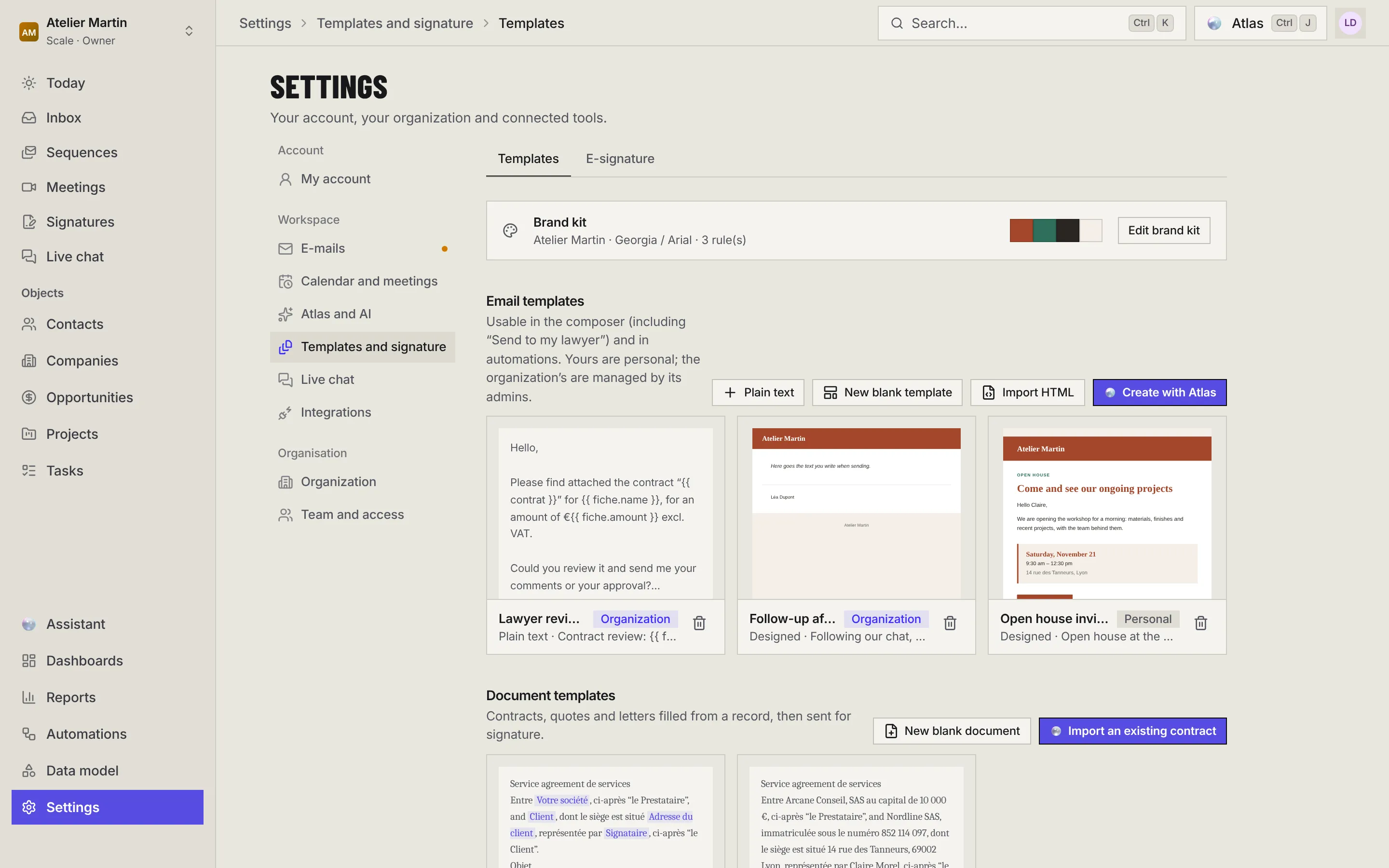 The Templates page: the Brand kit card, the Plain text, New blank template, Import HTML and Create with Atlas buttons, then three email templates with their preview and their Organization or Personal badge.