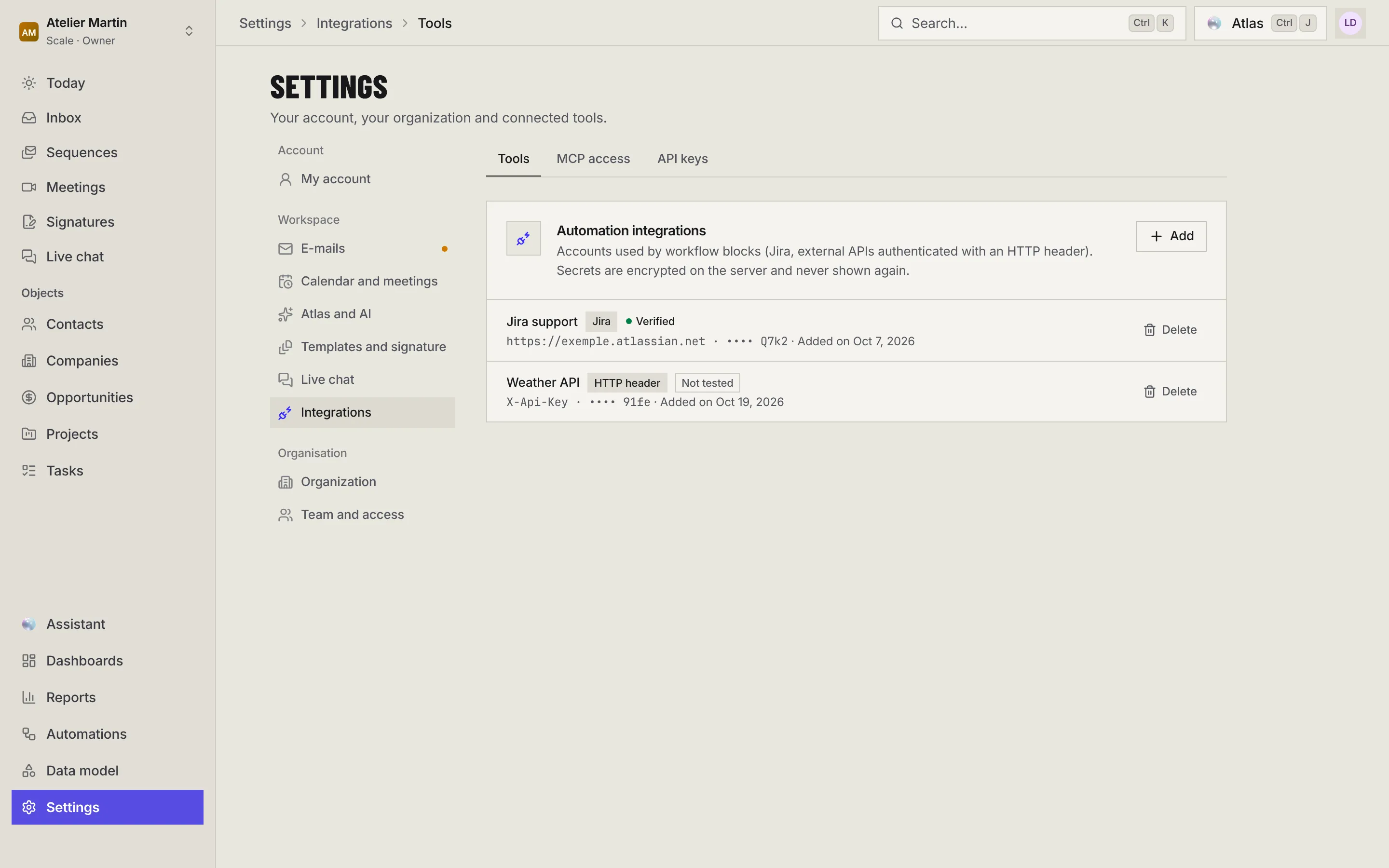 The Automation integrations section: the Add button, a verified Jira integration and a not-tested HTTP header integration, each with its Delete button.