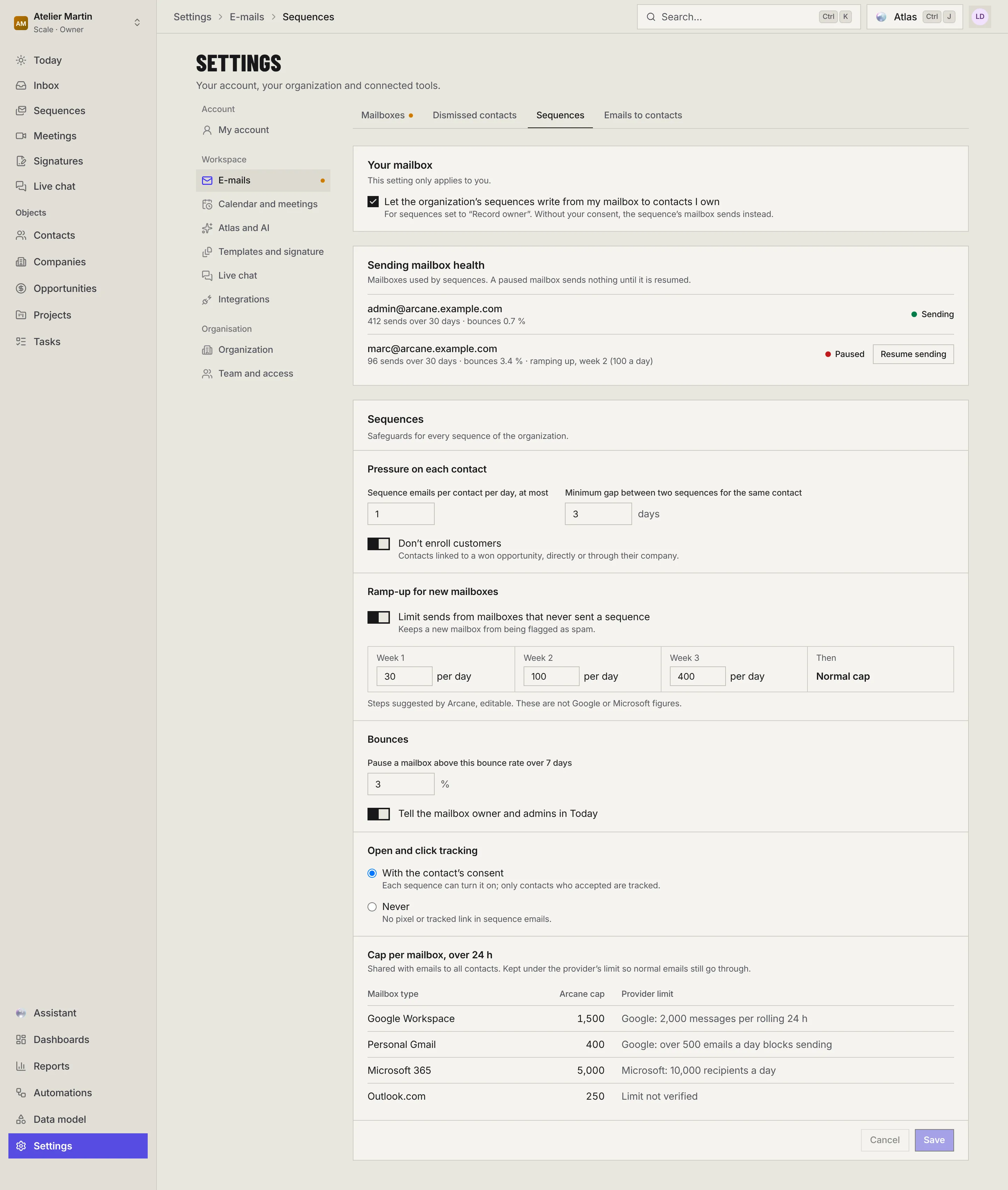 The Sequences tab of the E-mails settings: Your mailbox, sending mailbox health with a paused mailbox, then pressure on each contact, ramp-up, bounces, open tracking and the cap per mailbox.