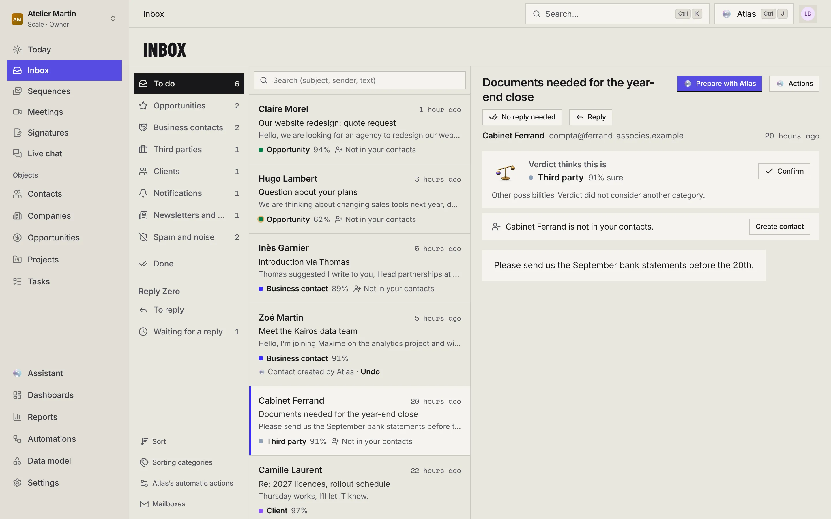 An e-mail open in the Inbox with, at the top, Prepare with Atlas, Actions, No reply needed and Reply.