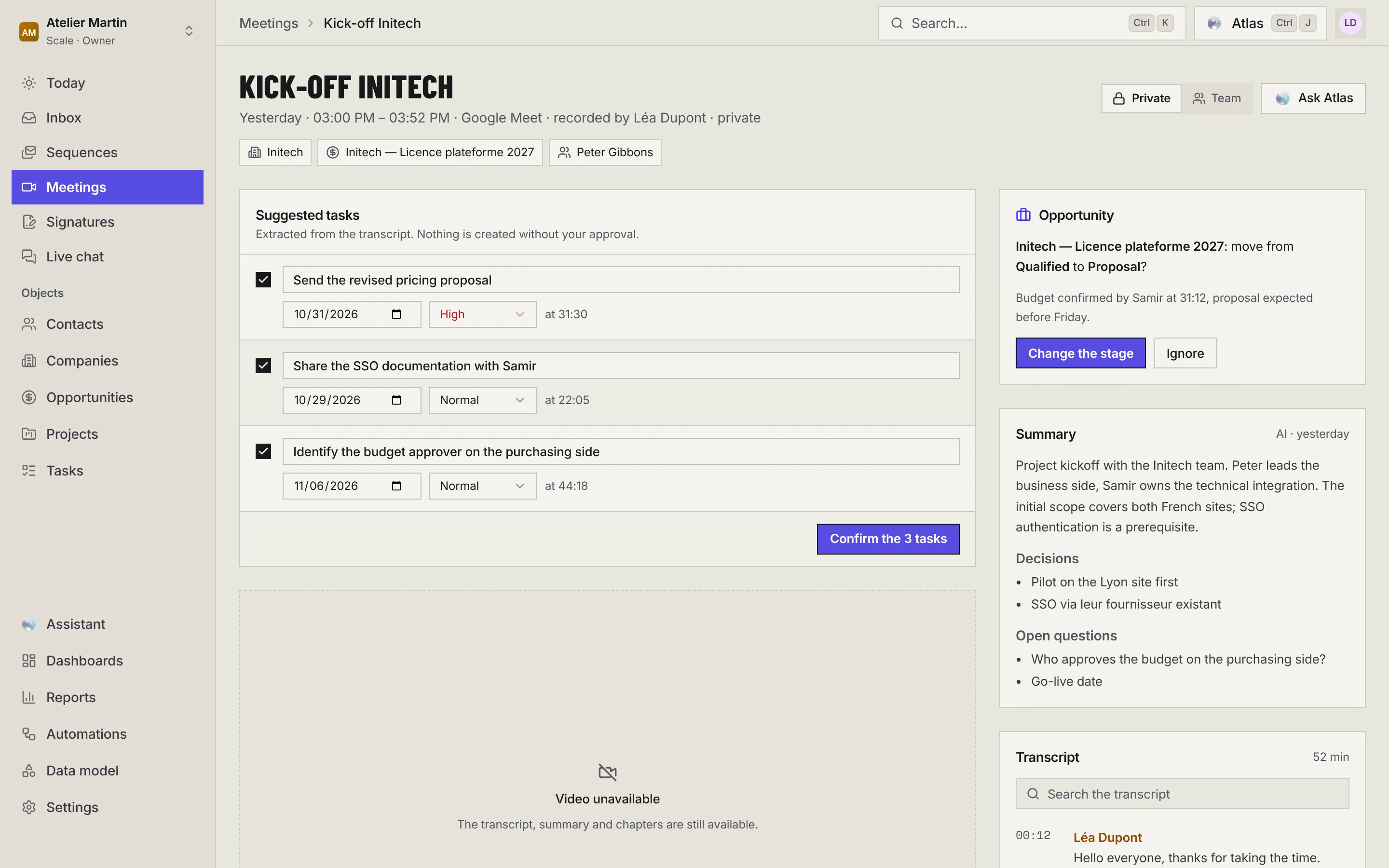 The Initech kick-off meeting page: Private or Team and Ask Atlas at the top, the suggested tasks, the opportunity's stage suggestion, the summary and the transcript.