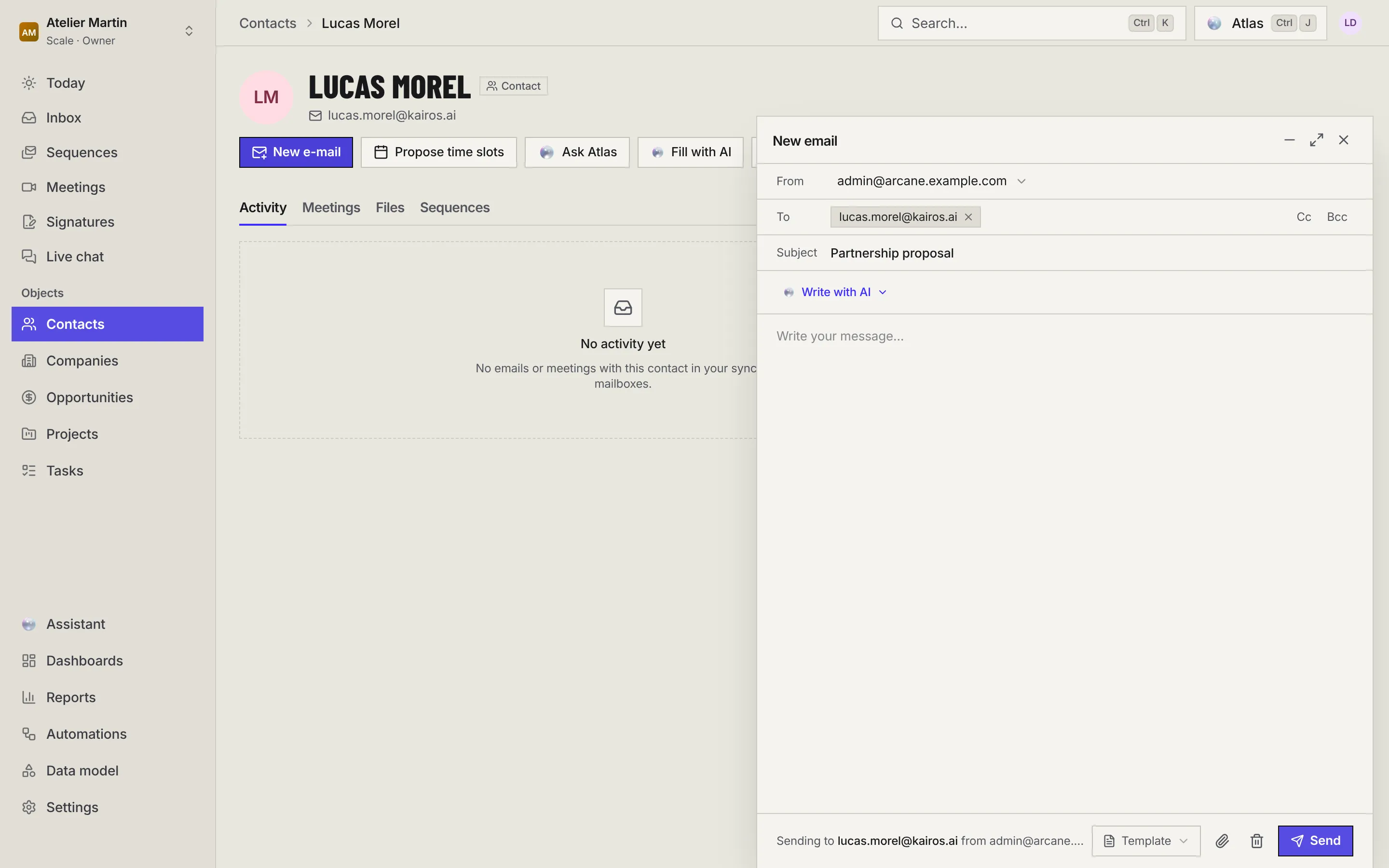 A contact record with the New e-mail window open on the right: From, To, Subject, Write with AI, the message, Template and Send.