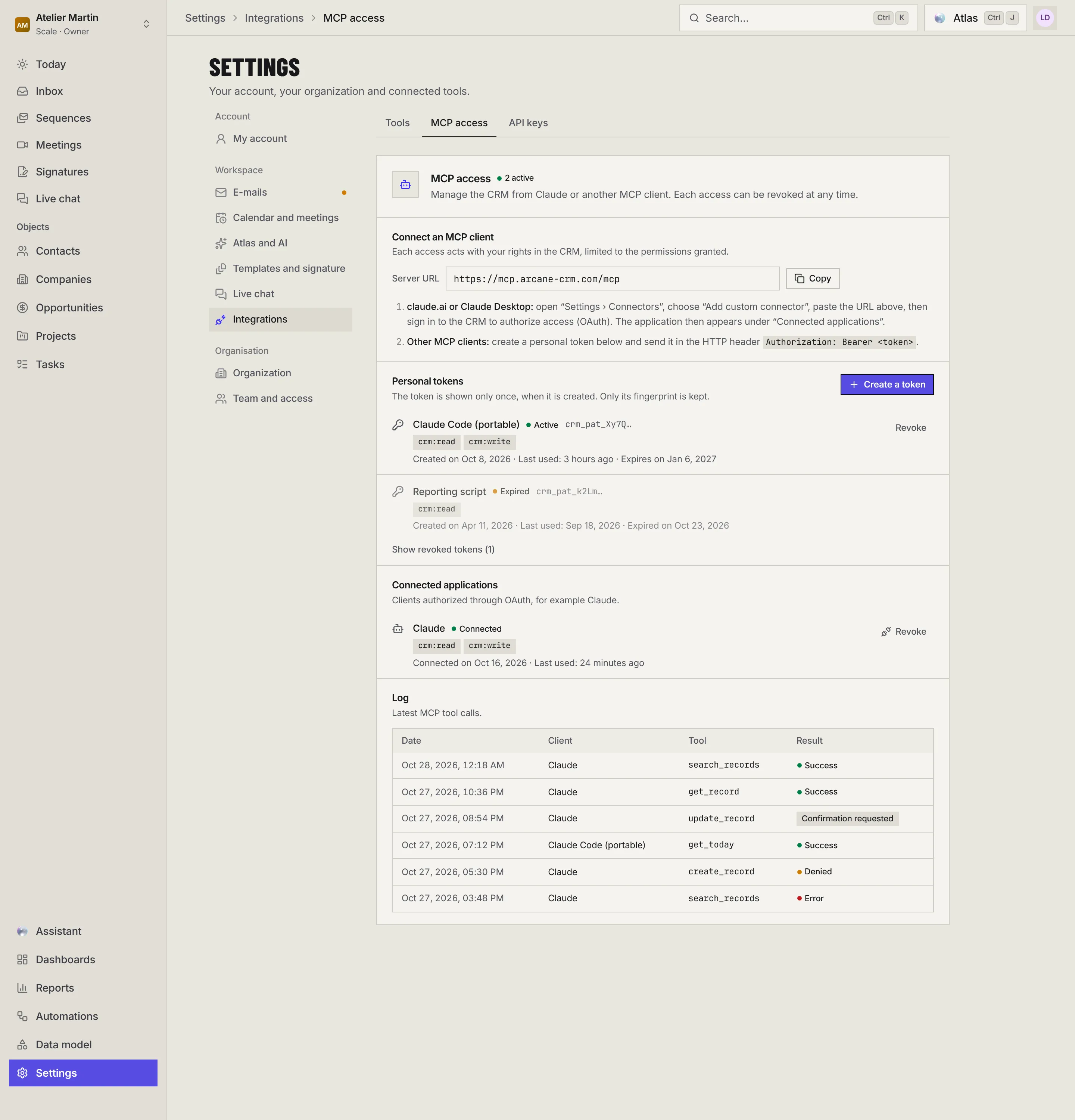 The MCP access page: the server URL with Copy, the connection instructions, personal tokens with Create a token, connected applications and the log of recent calls.