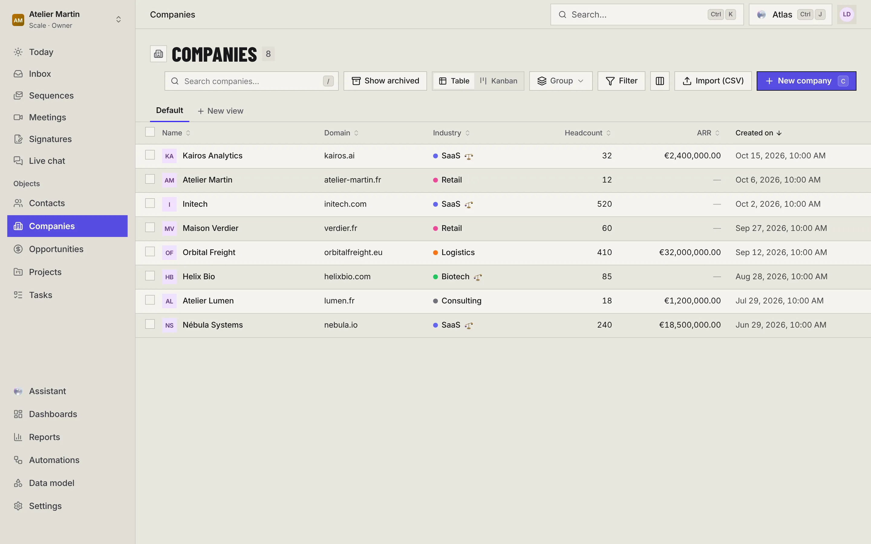The companies list: search, Show archived, the Table or Kanban choice, Group, Filter, columns, Import (CSV), New company, the view bar and the table.