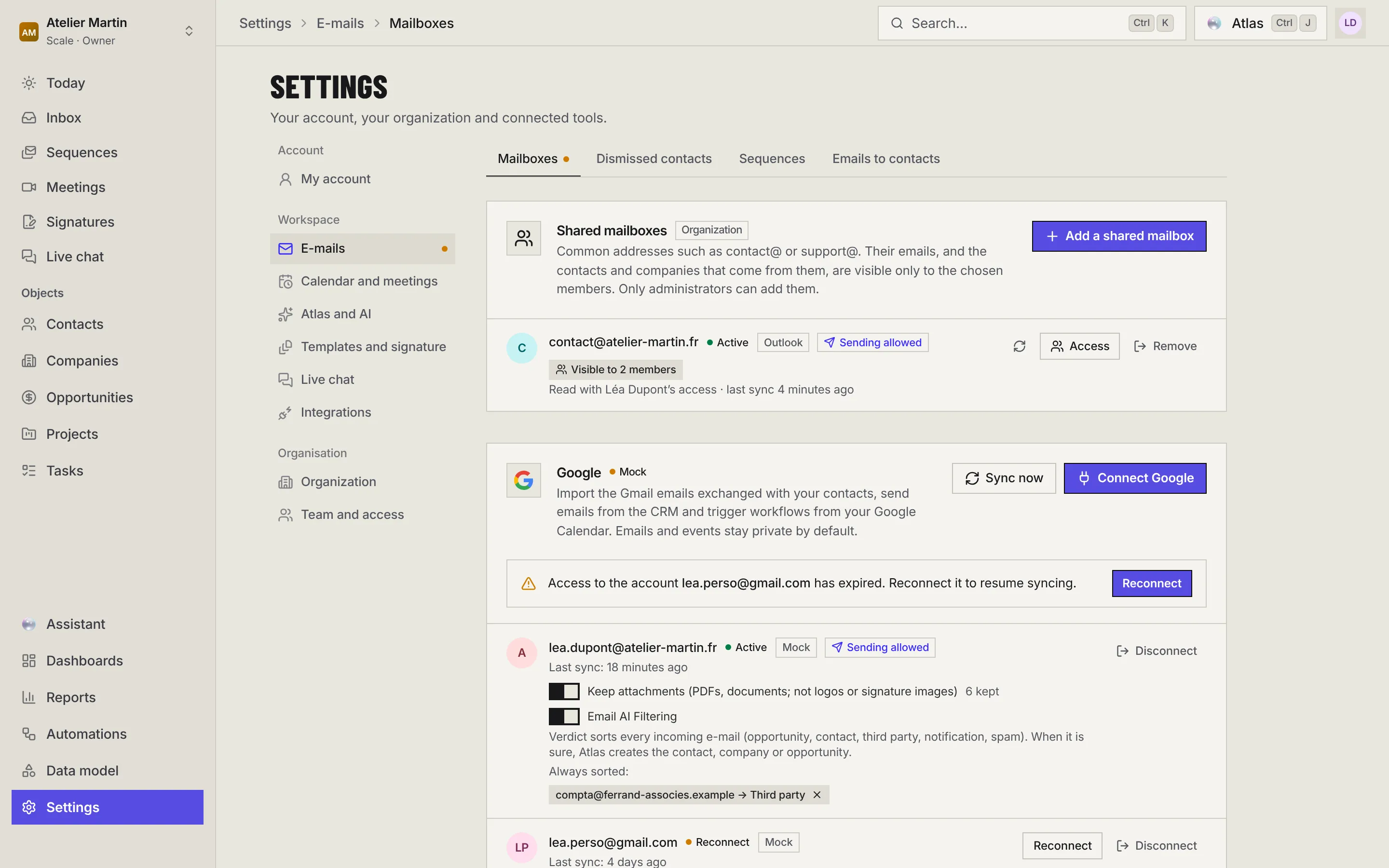 The Shared mailboxes section at the top of the Mailboxes page: the Add a shared mailbox button and the mailbox contact@atelier-martin.fr, active, Outlook, sending allowed, visible to 2 members, with the Sync, Access and Remove buttons.