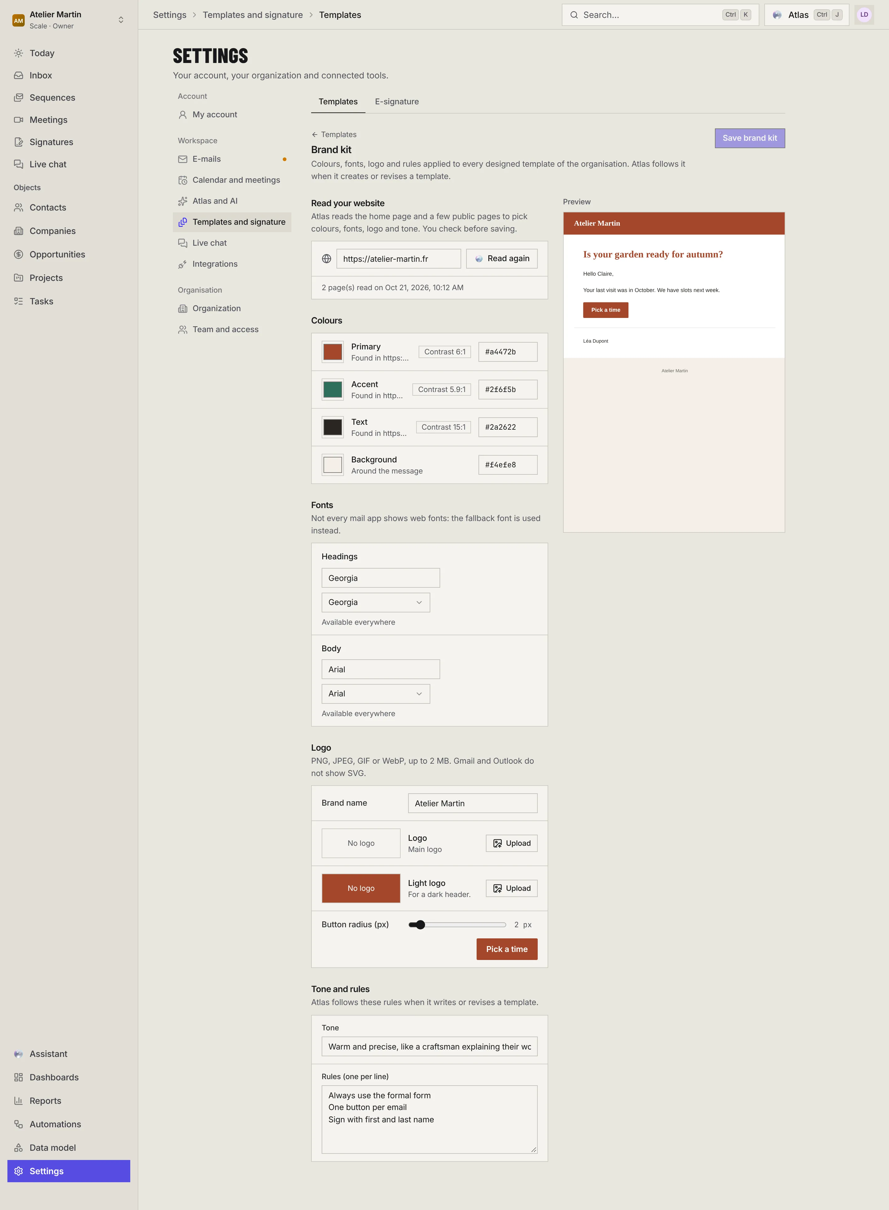 The Brand kit page: Read your website with the site address and Read again, the four colours with their contrast, the heading and body fonts, the logo, the button radius, the tone and rules, and the preview on the right.