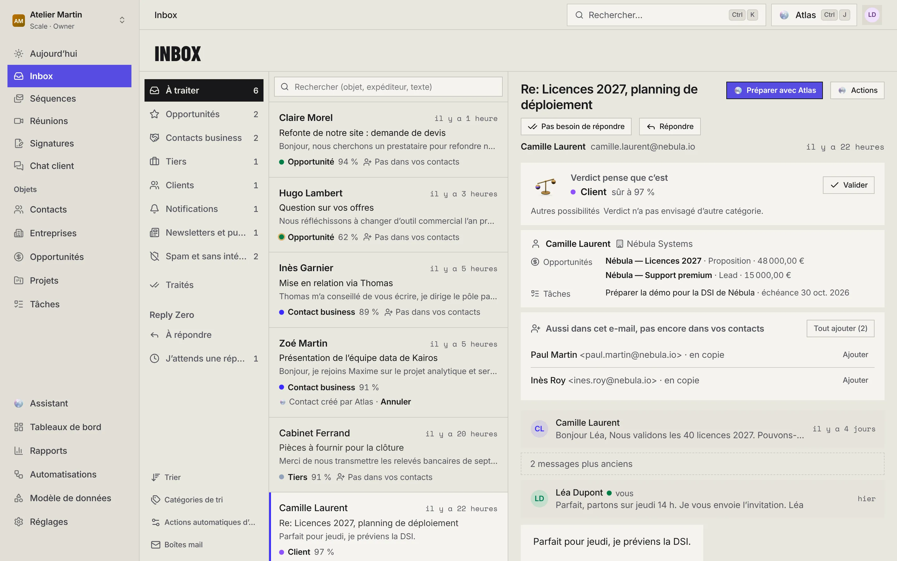 L'Inbox : la colonne des vues avec leur nombre d'e-mails, la liste des e-mails classés, et un e-mail ouvert avec l'encadré de Verdict, la fiche de l'expéditeur et les personnes en copie.