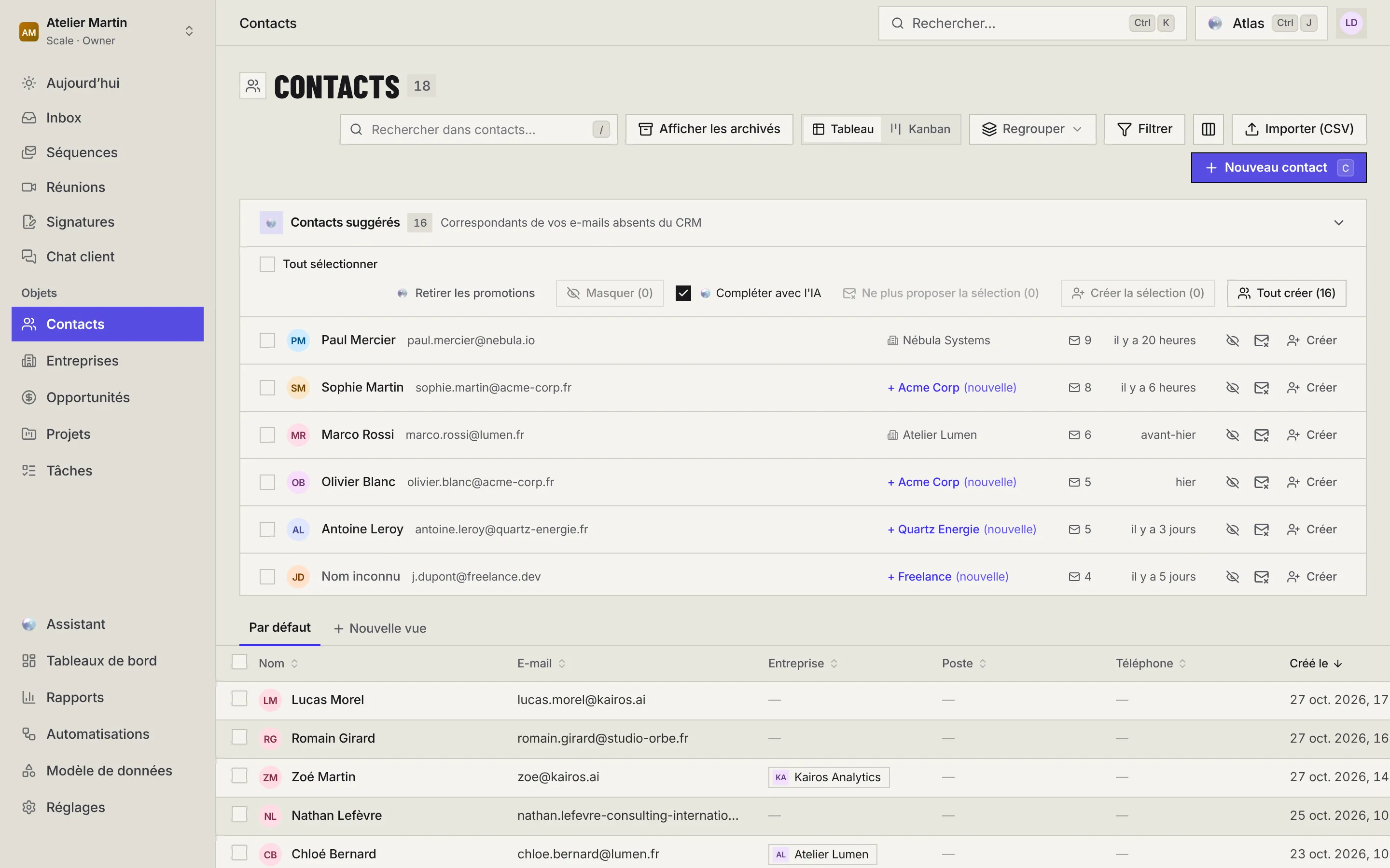 L'application ouverte sur la liste des contacts, avec le menu de gauche, la barre de recherche, le bouton Atlas et l'avatar en haut à droite.