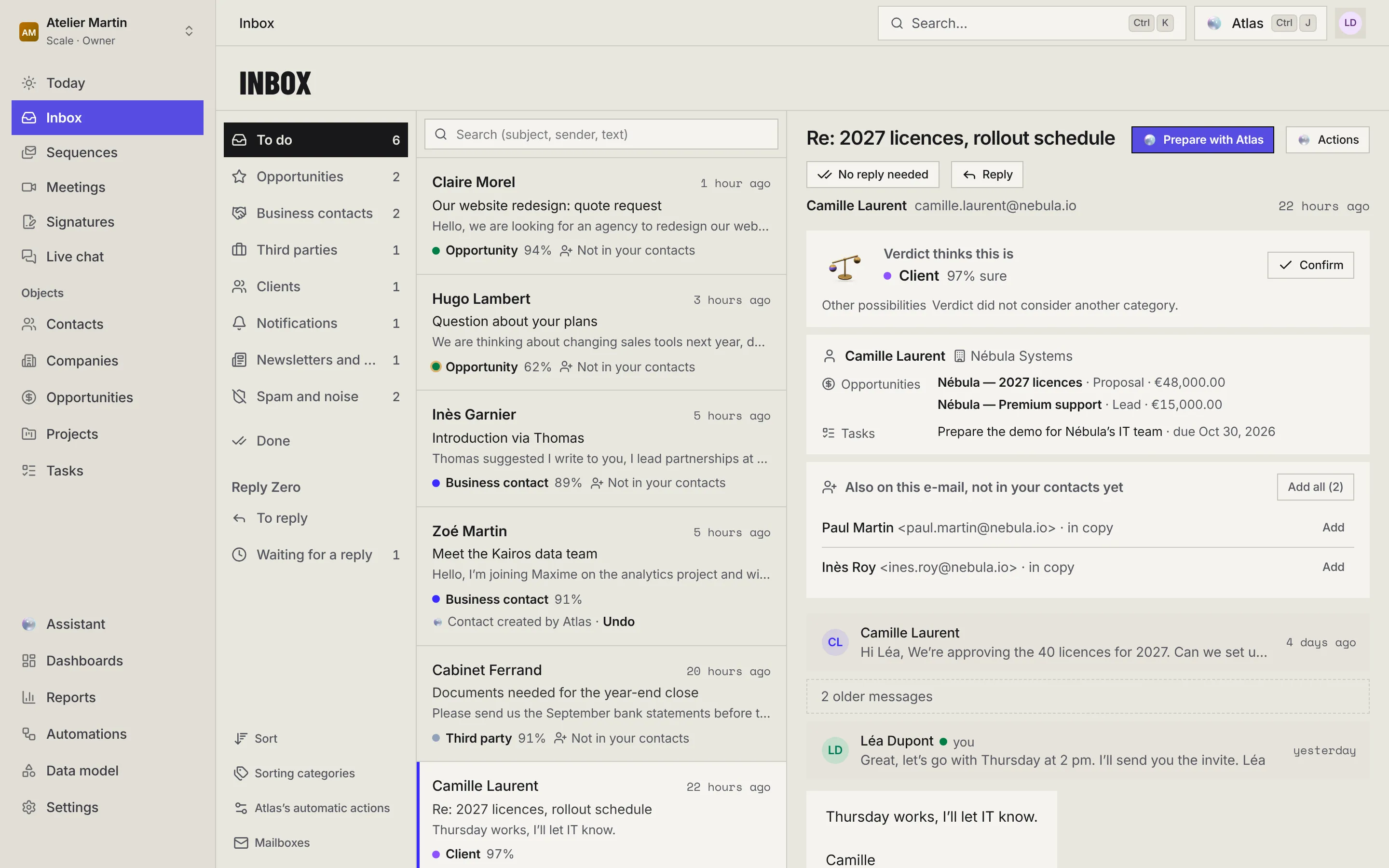 The Inbox: the views column with their e-mail counts, the list of sorted e-mails, and an open e-mail with Verdict's box, the sender's record and the people in copy.