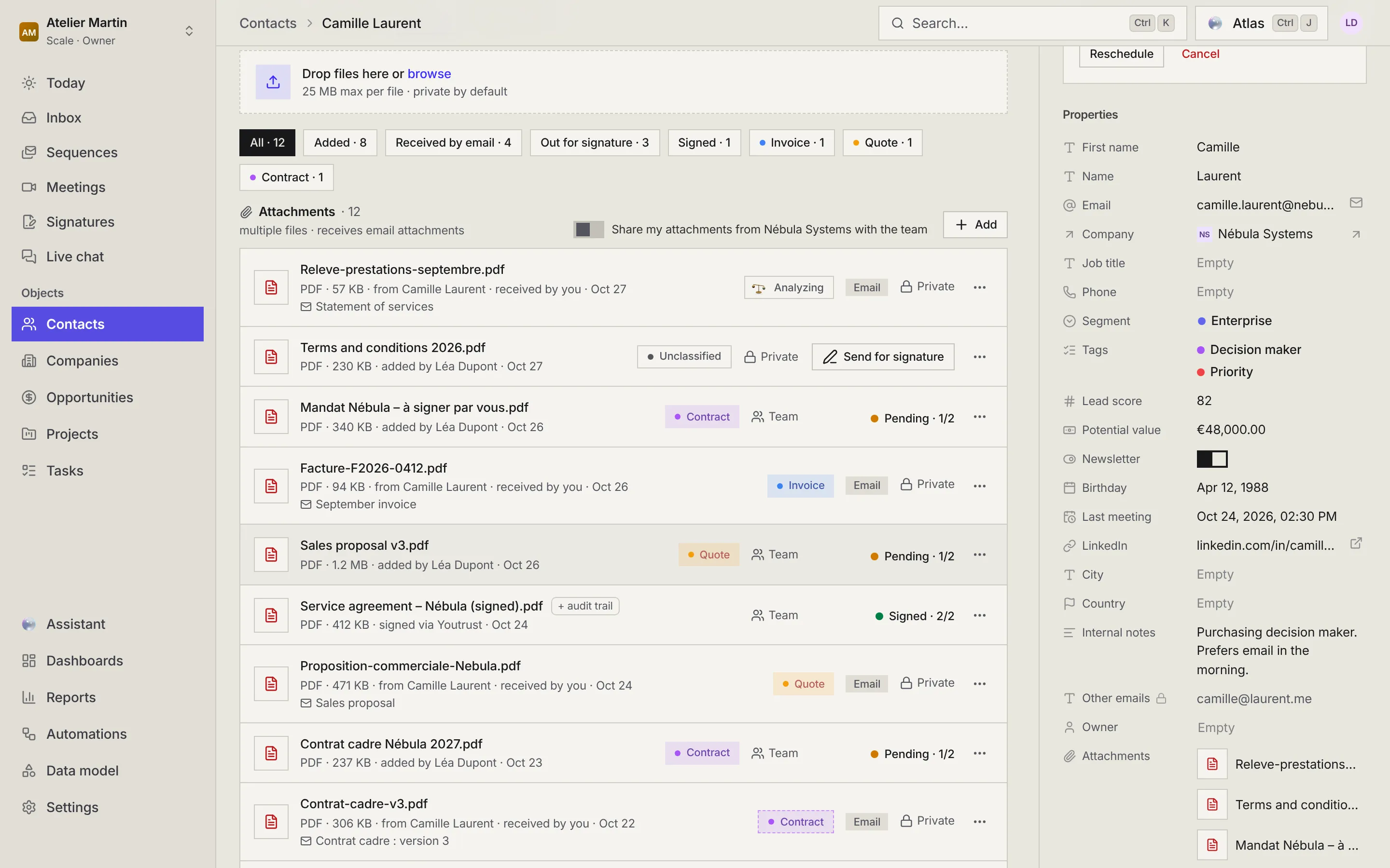 A contact's Files tab: the drop zone, the filters, the Attachments field with its sharing switch, then the list of files with their class, visibility and signature status.