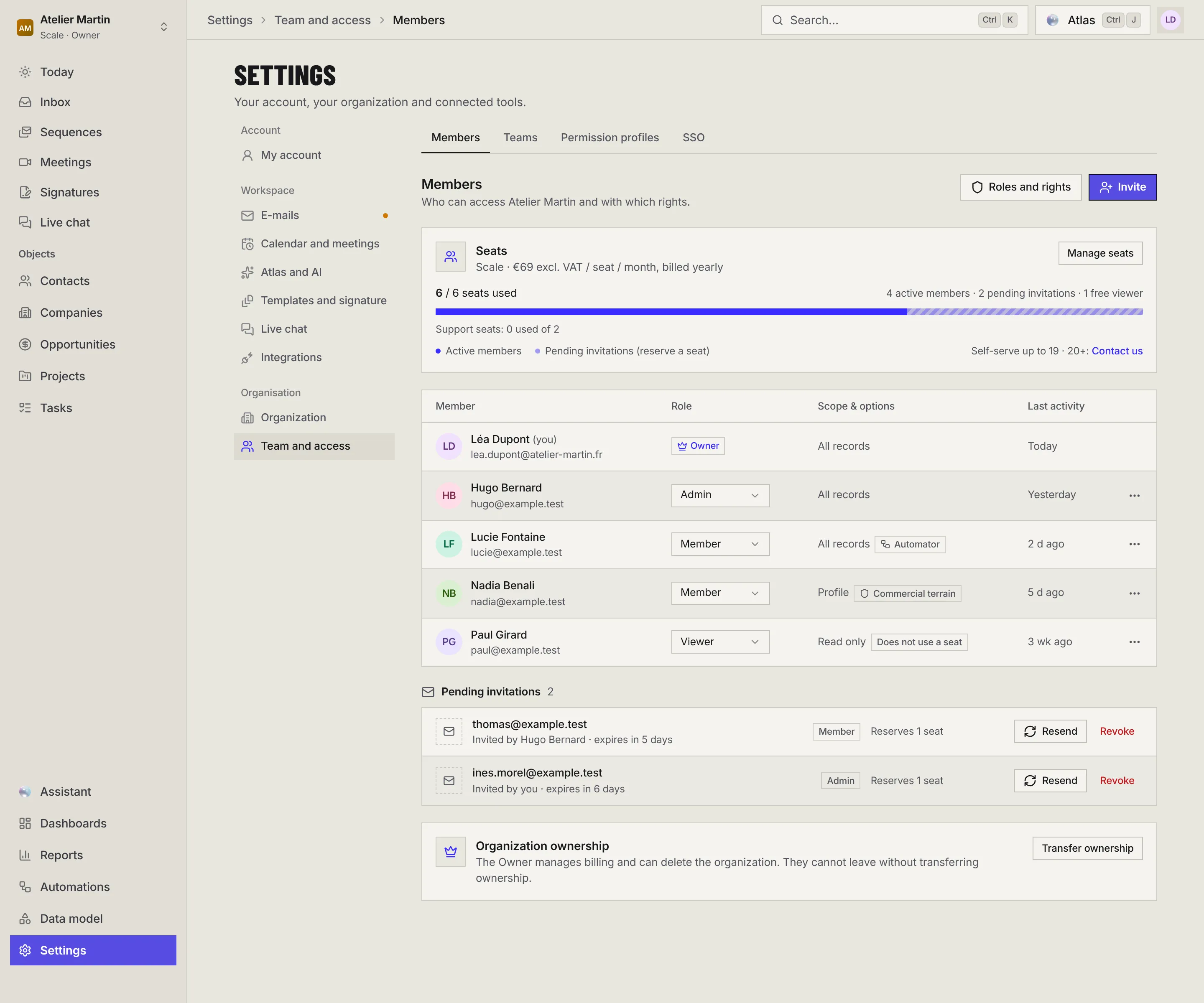 The Members page: the Seats card with its meter, the member list with role, scope and last activity, the pending invitations and the Organization ownership card.
