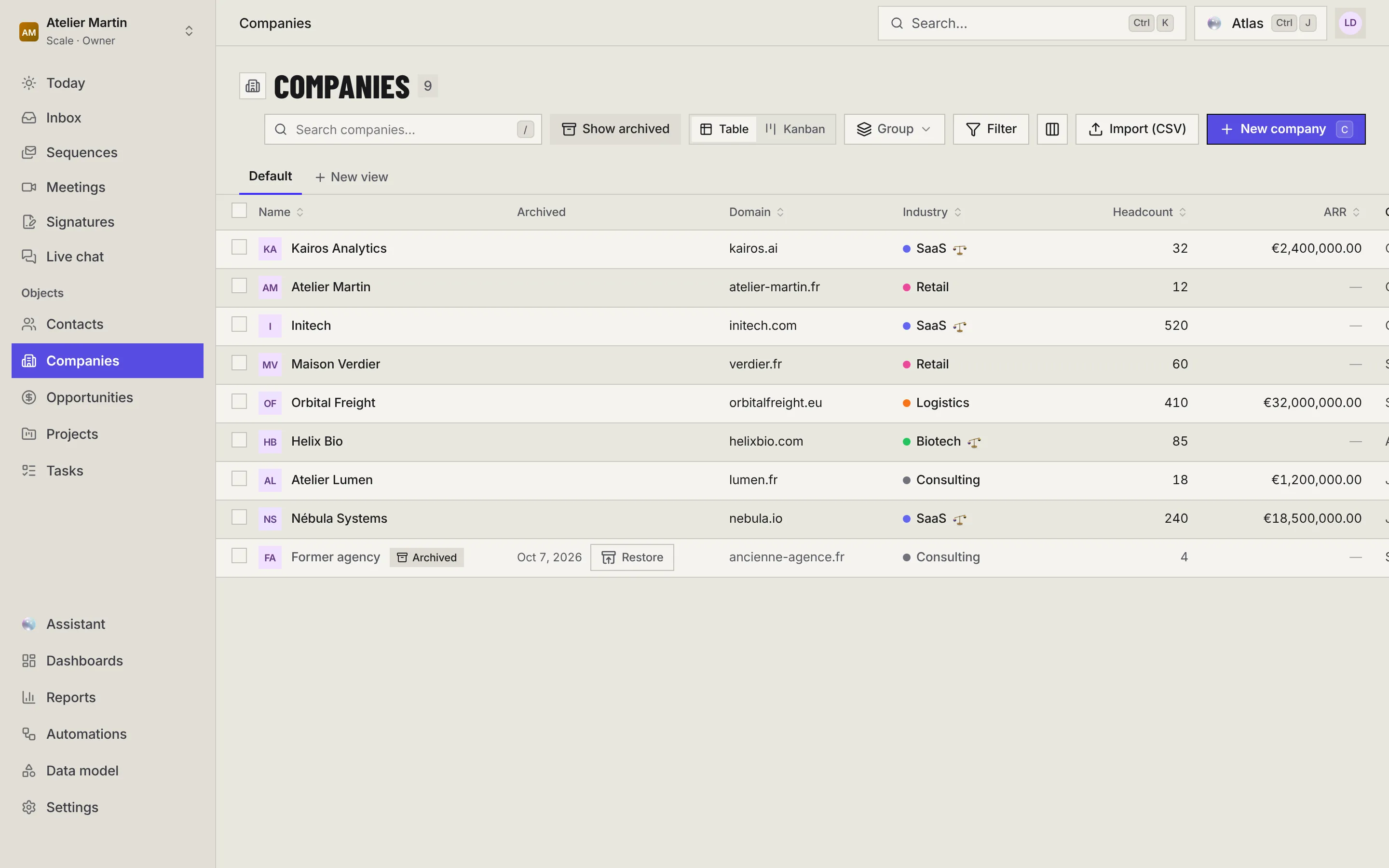 The companies list with Show archived on: the Archived column, and the Ancienne Agence record marked Archived, archived on Oct 7, 2026, with the Restore button.