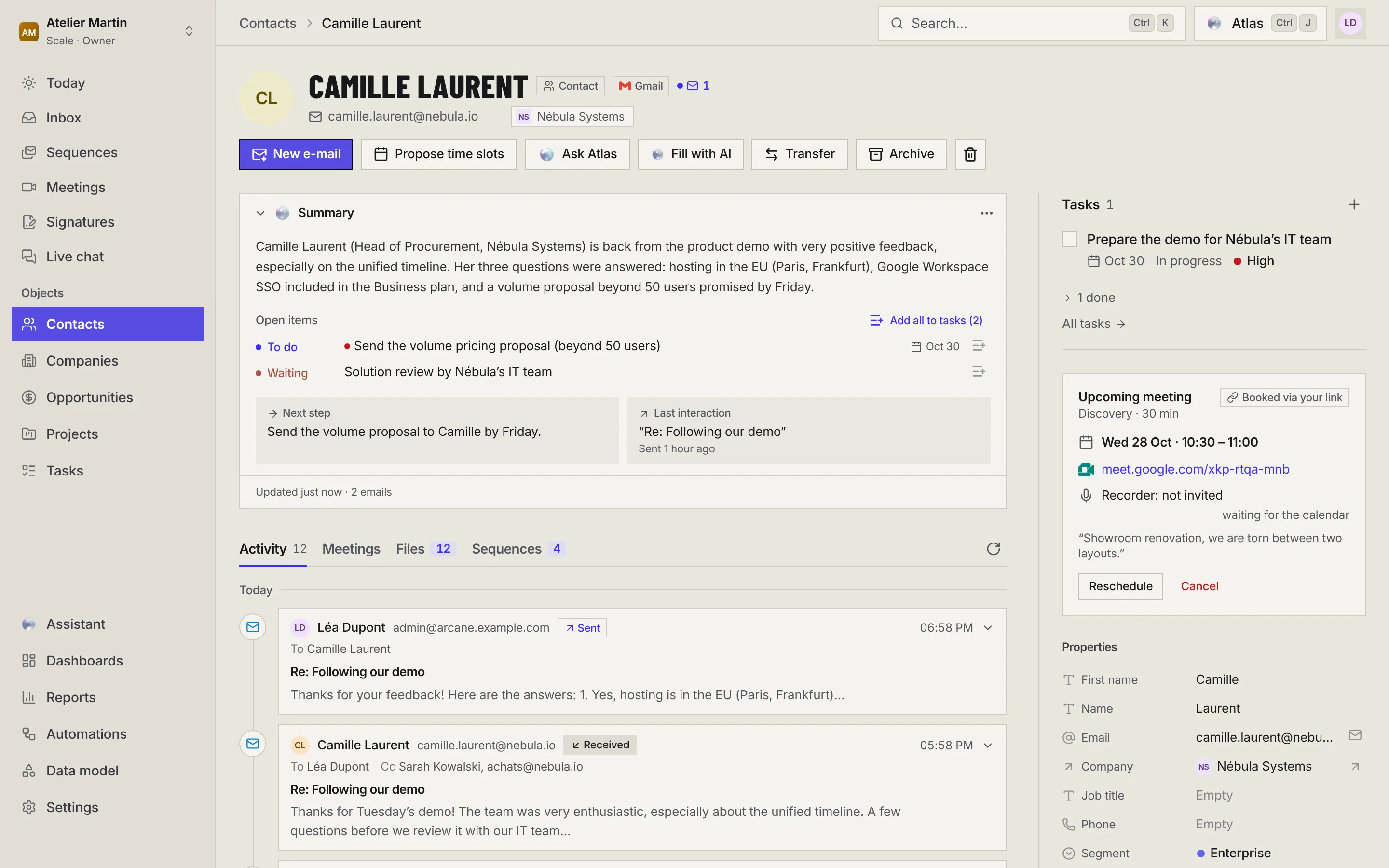 Camille Laurent's record: the name, e-mail and company, the action buttons, the summary with its open items, the Activity, Meetings, Files and Sequences tabs, and on the right the tasks, the upcoming meeting and the properties.