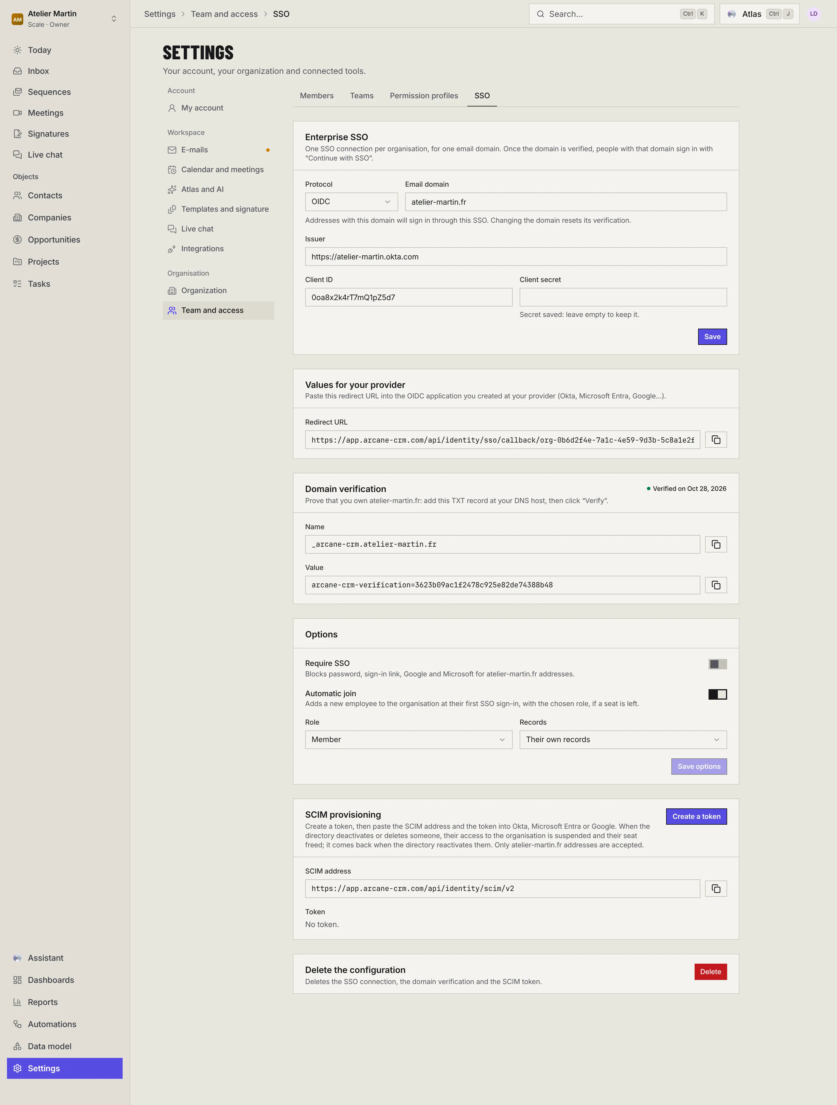 The SSO page: the OIDC connection with domain, issuer and client, the values for your provider, domain verification with a TXT record, the Require SSO and Automatic join options, SCIM provisioning and deleting the configuration.