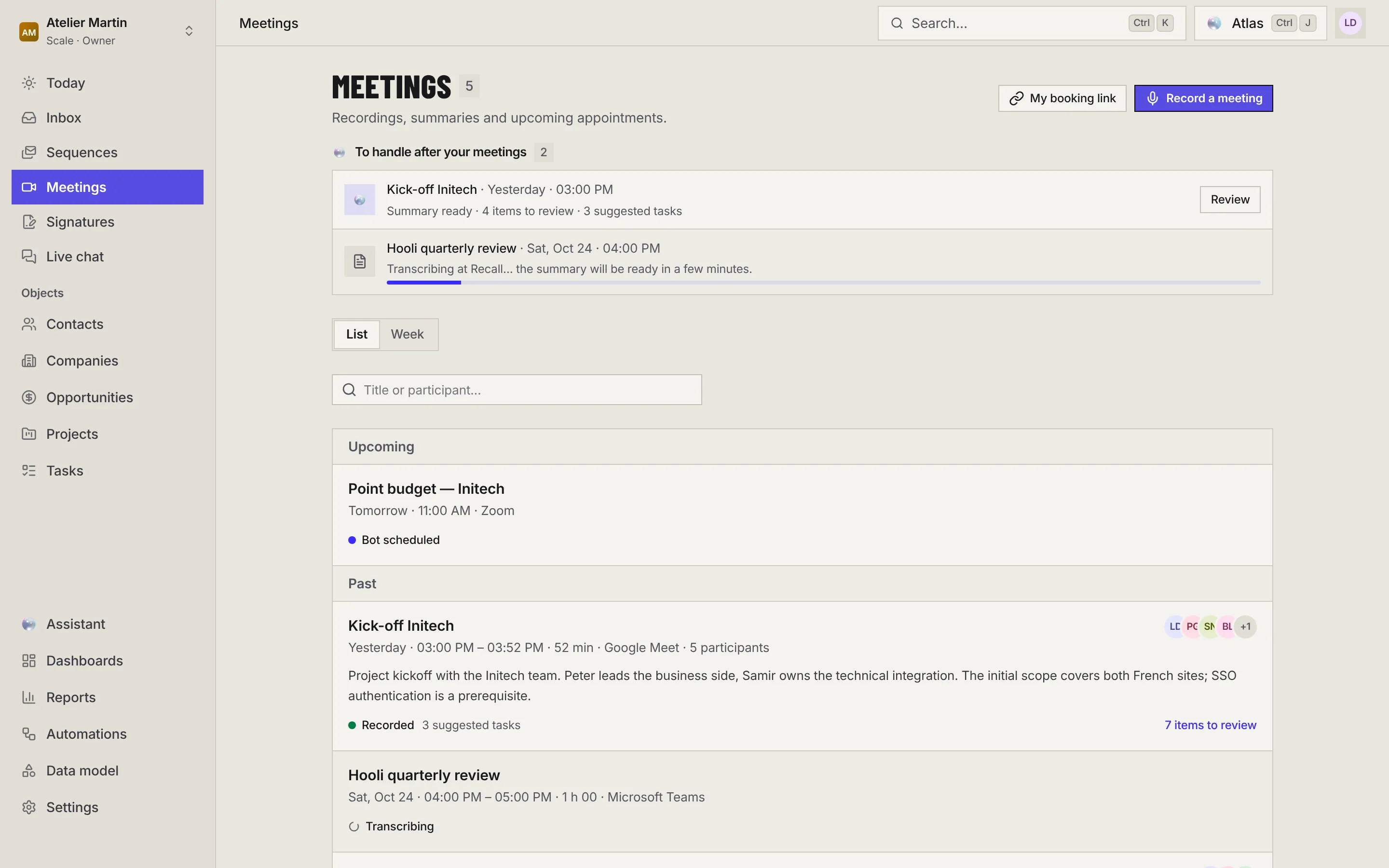The Meetings page: the meetings to handle at the top, the List and Week buttons, the search, then the list of upcoming and past meetings.