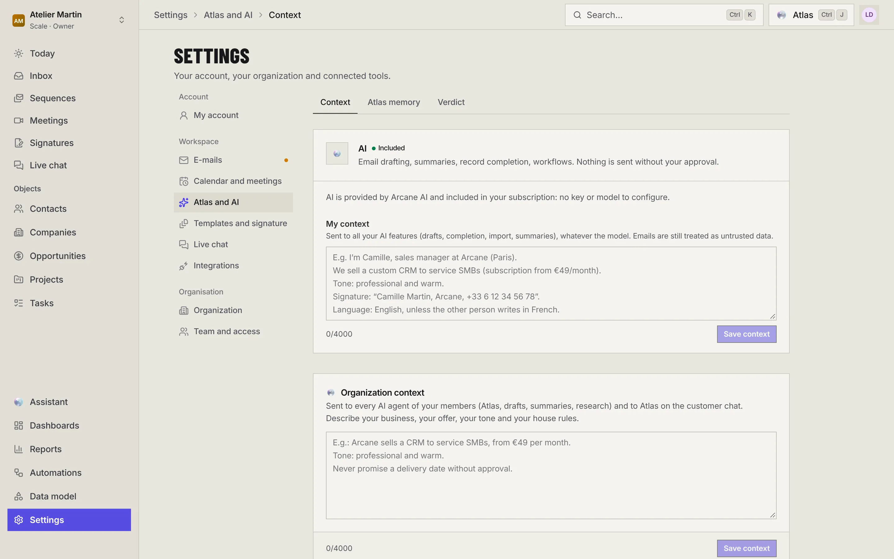 Settings › Atlas and AI › Context: AI included, My context with its example and the 0/4000 counter, then Organization context.