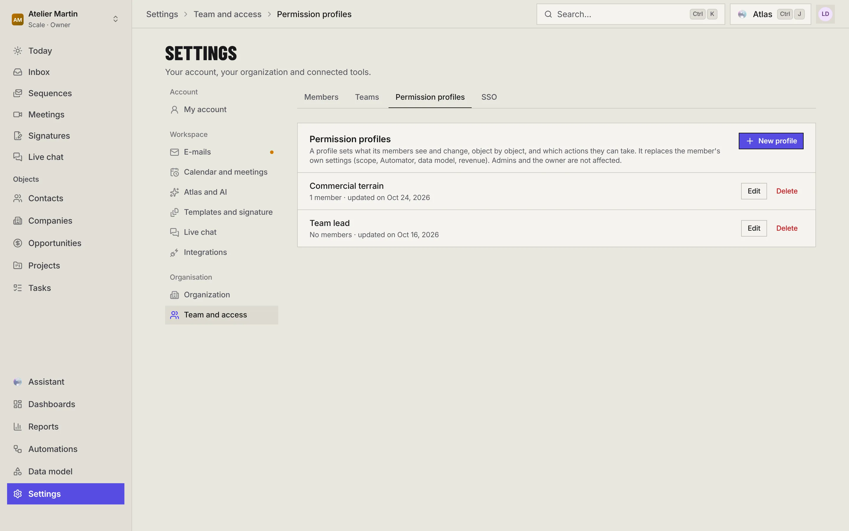 The Permission profiles page: each profile with the number of members who have it, its last change date and the Edit button, and the New profile button.