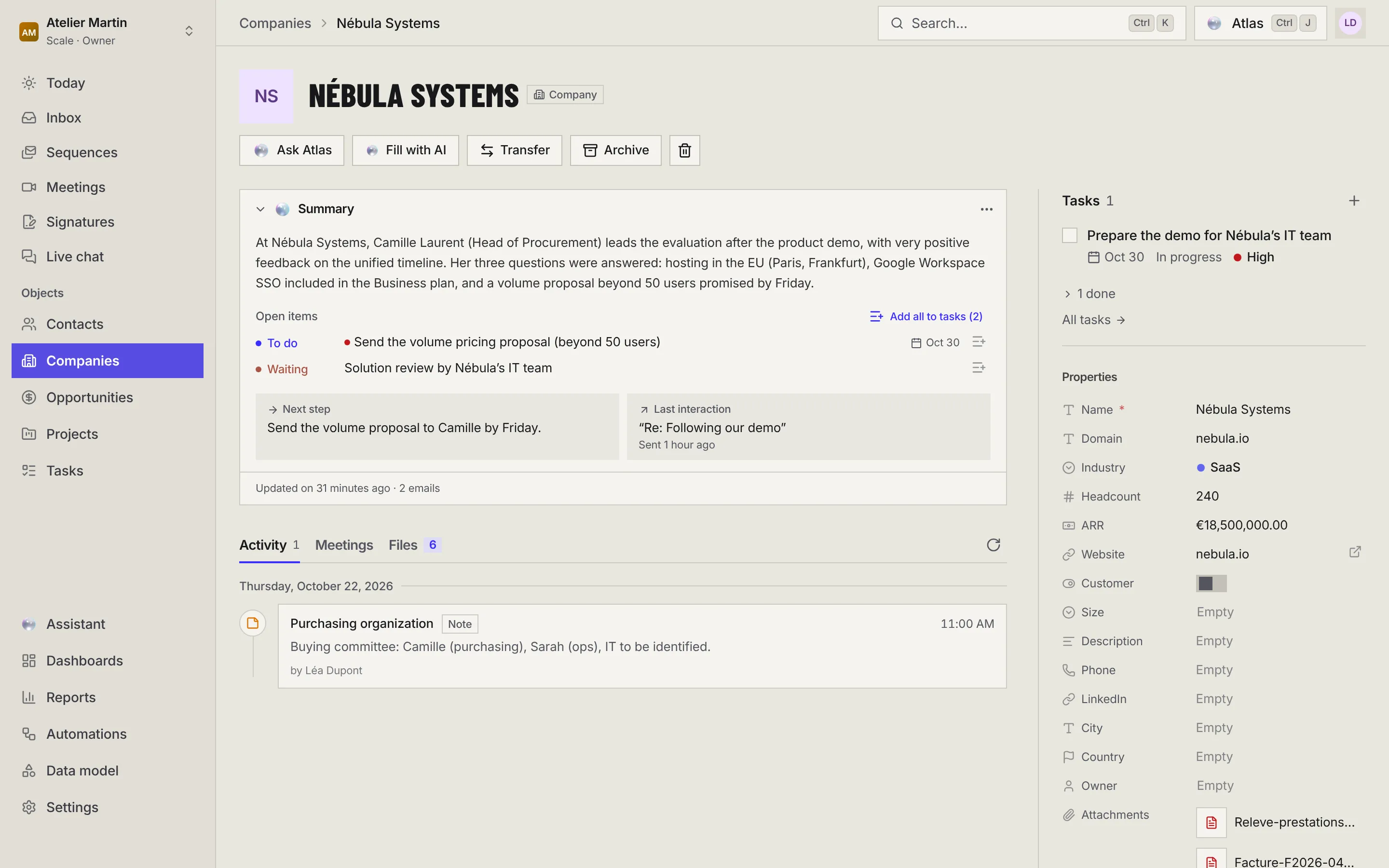 The Nébula Systems company record: the summary of the company and its contacts, the Activity tab, and in the properties the nebula.io domain, industry, headcount, ARR and attachments.