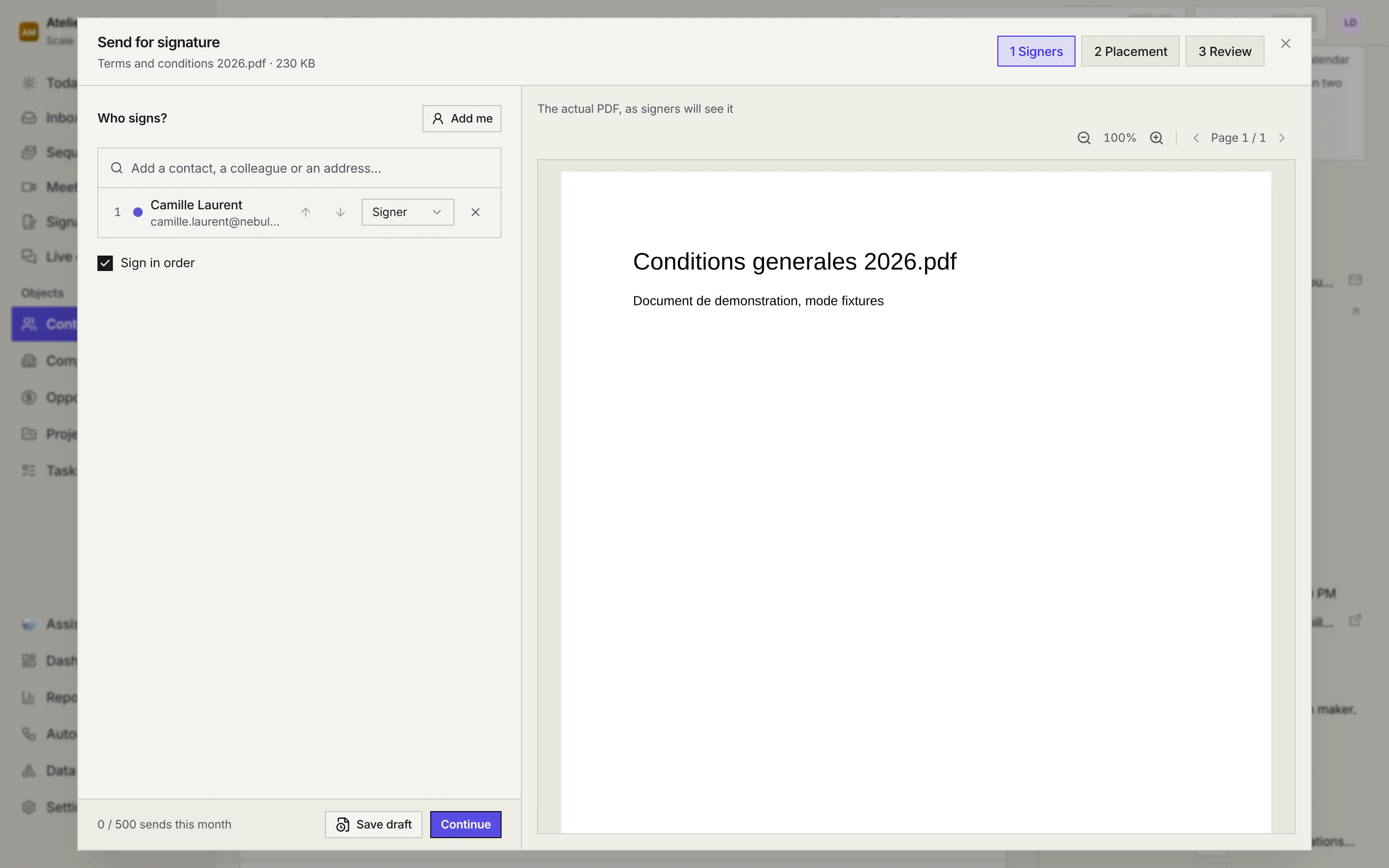 The Signers step: the search to add a signer, Camille Laurent as signer number 1, the Sign in order box and the PDF preview on the right.