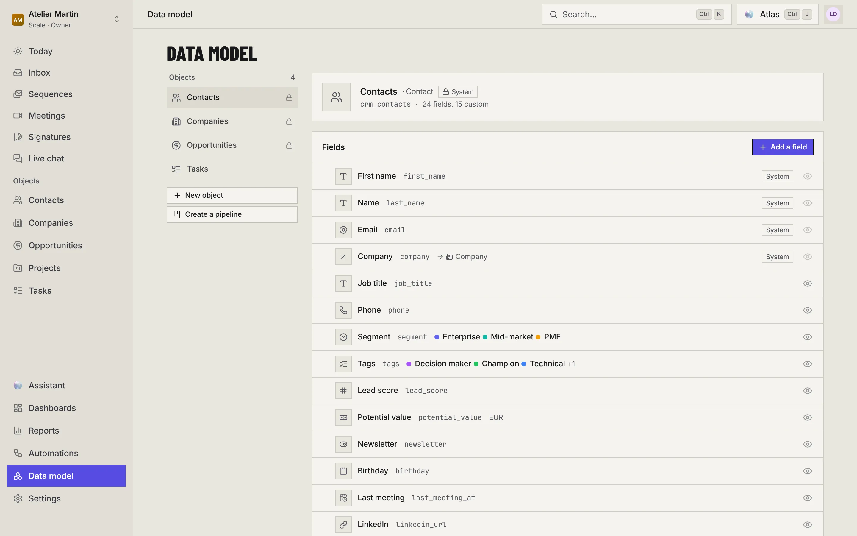The Data model page: the list of objects on the left with New object and Create a pipeline, and the contact fields with Add a field, the System badges and the buttons to hide a field.