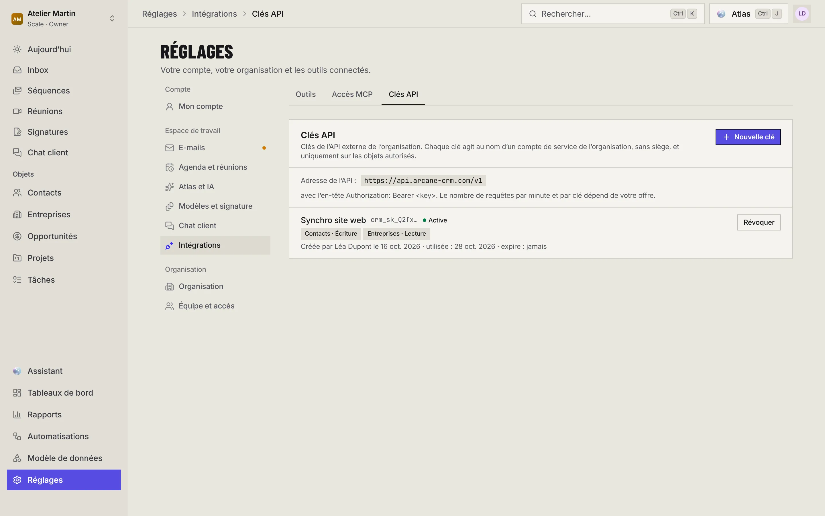 La page Clés API : le bouton Nouvelle clé, l'adresse de l'API, et la clé Synchro site web, active, avec ses objets autorisés, sa date de création, sa dernière utilisation et le bouton Révoquer.