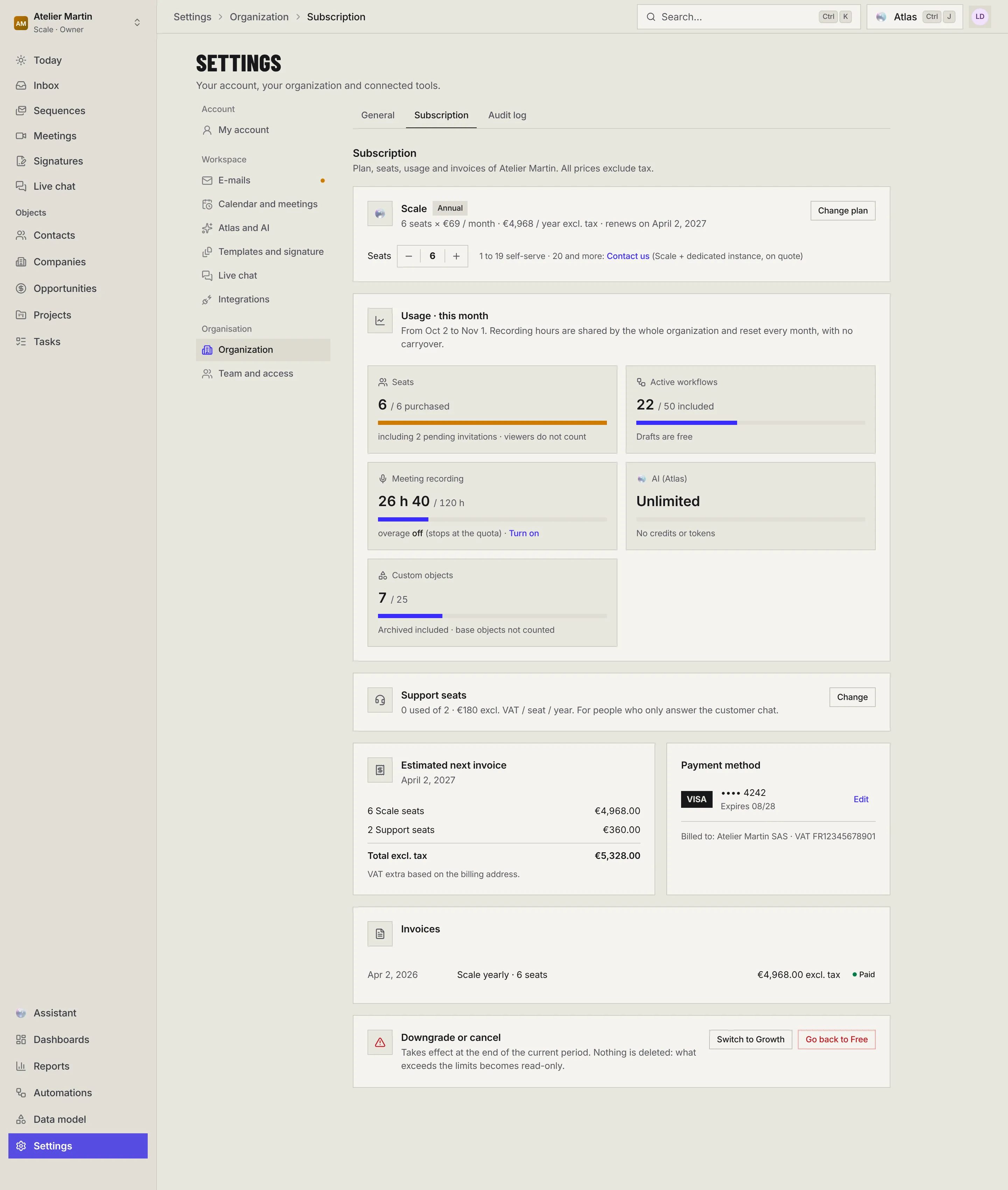 The Subscription tab: the plan and its seats, this month's usage (seats, active workflows, recording, AI, custom objects), Support seats, the next invoice, the payment method, invoices and the Downgrade or cancel card.