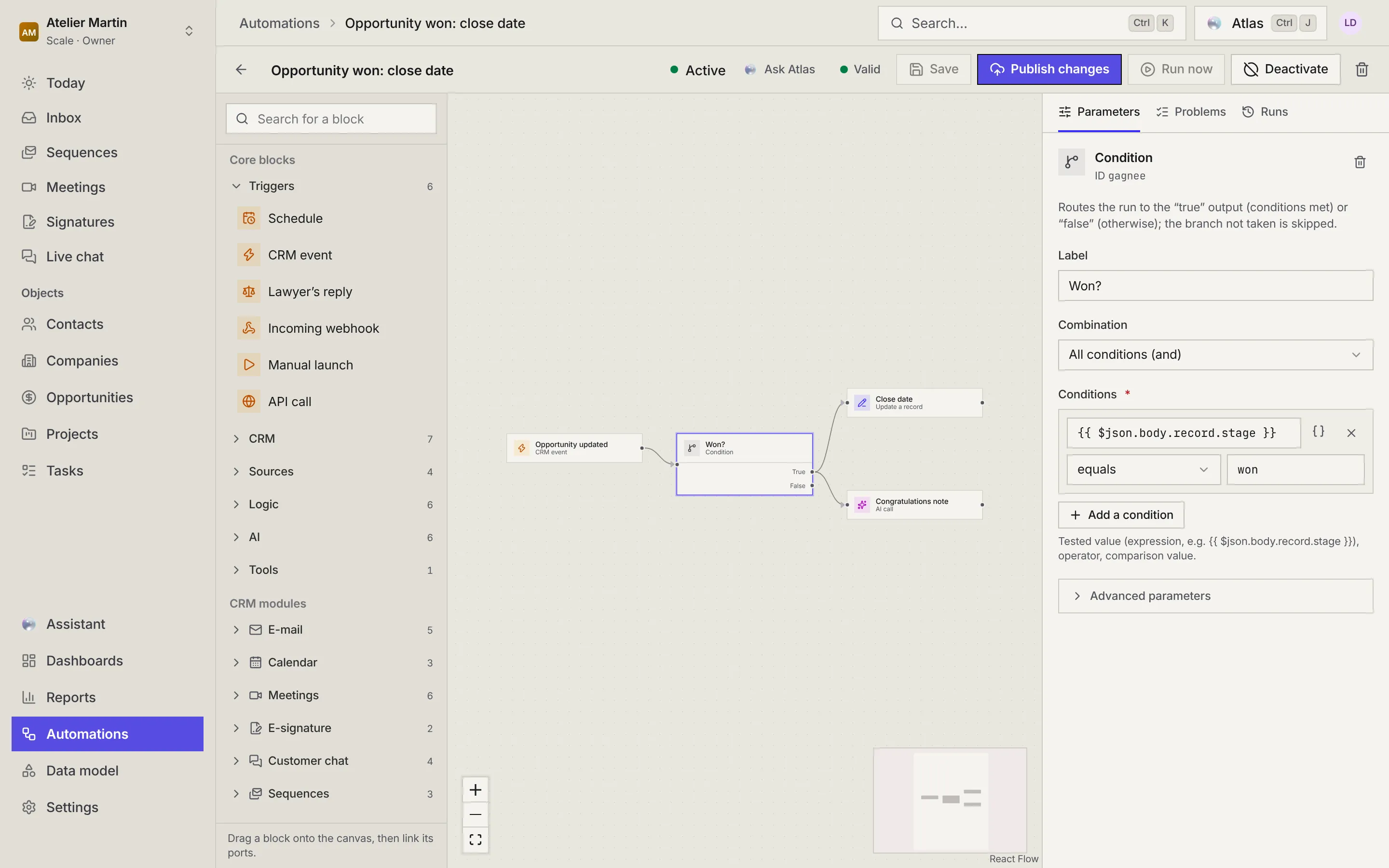 The editor of the Opportunity won workflow: the block palette on the left, the canvas with the trigger, the selected Won? condition and its two branches, and the condition's parameters on the right.