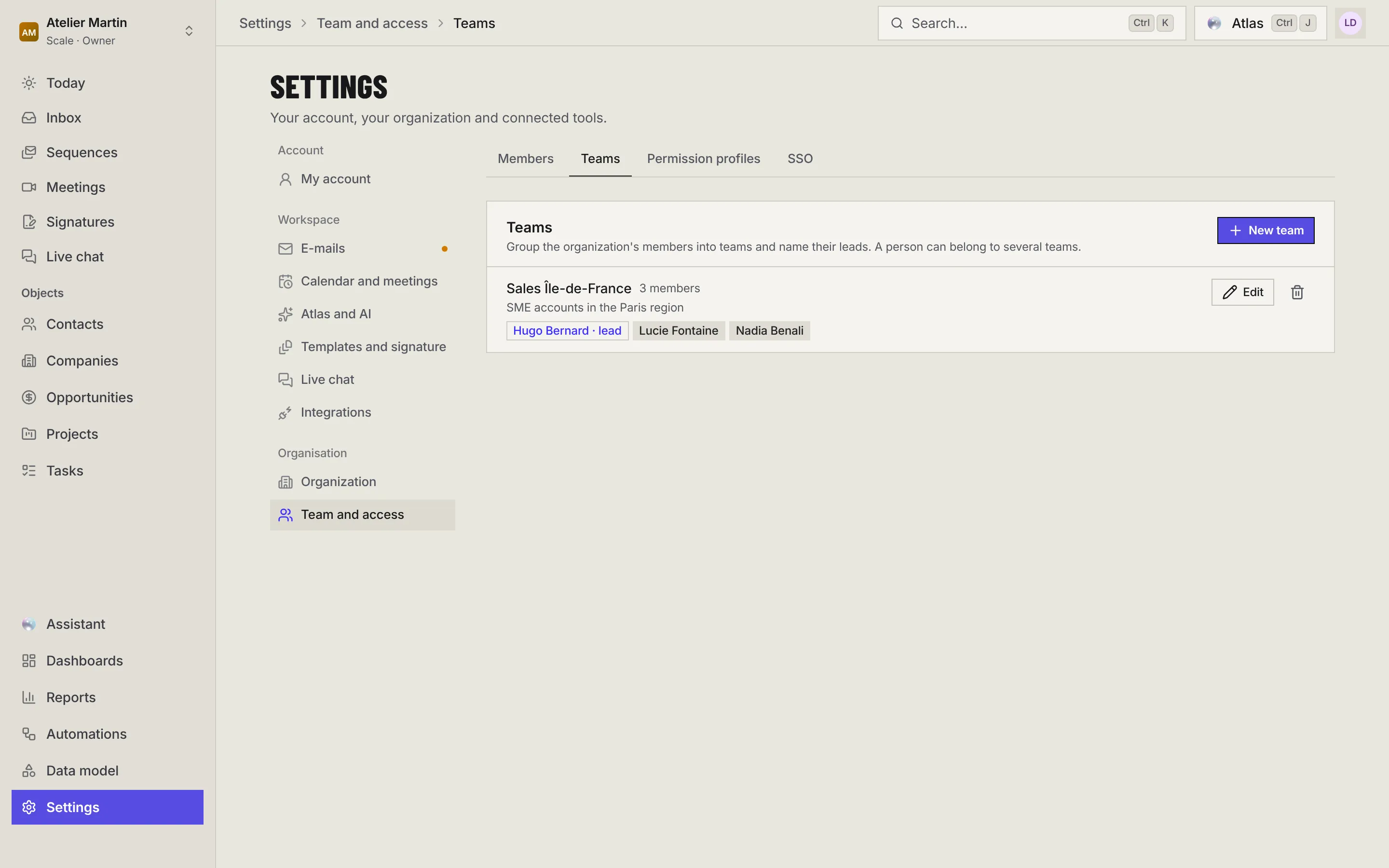 The Teams page: each team with its members, its leads and the Edit button, and the New team button.