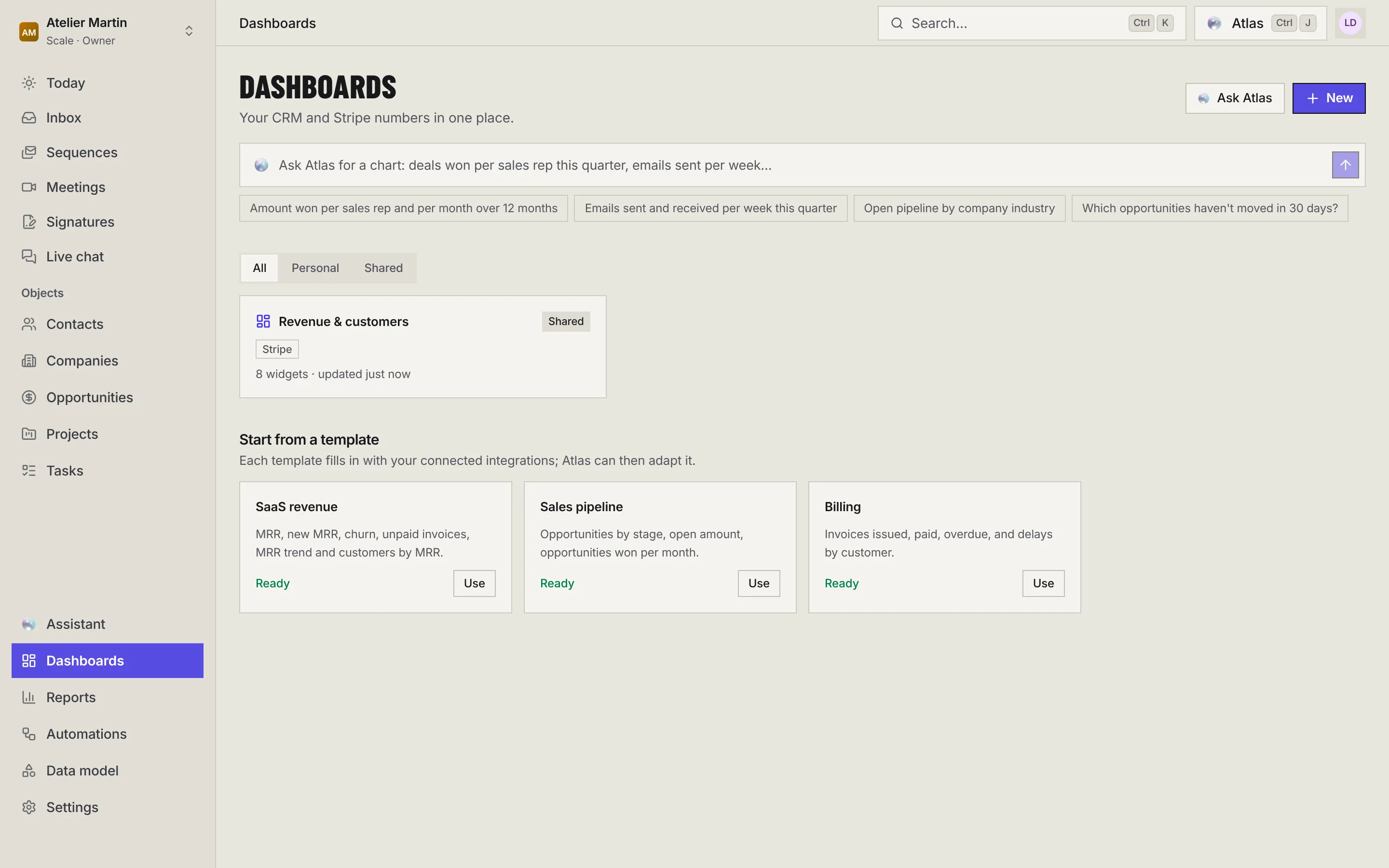 The Dashboards page: the bar to ask Atlas for a chart and its suggestions, the All, Personal and Shared filters, a shared Revenue & customers dashboard, then three ready-made templates.